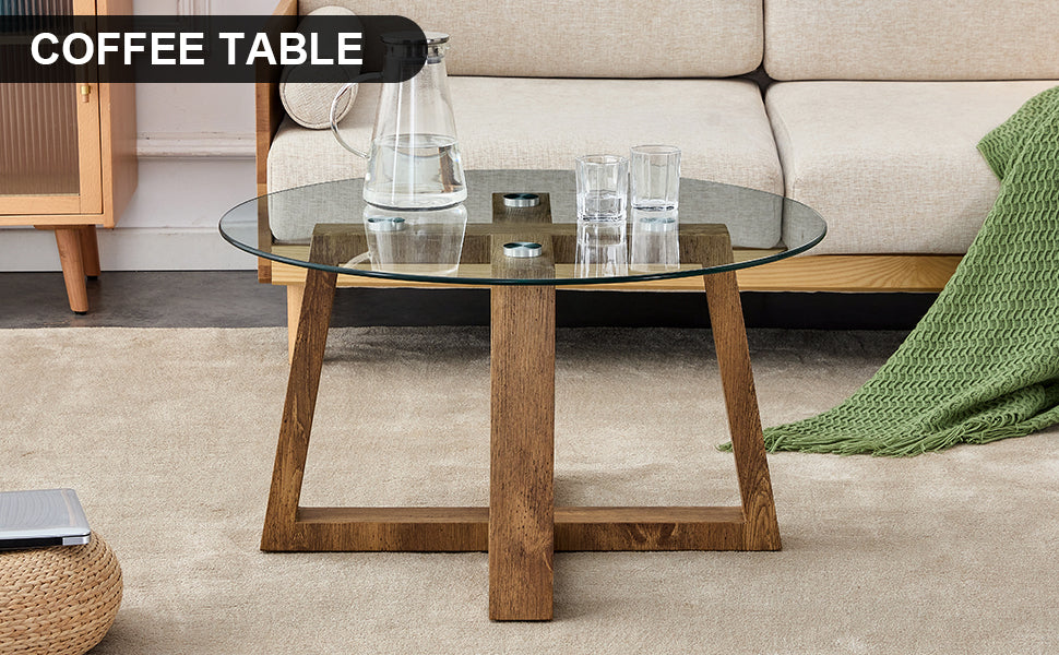 Modern Practical Circular Coffee And Tea Tables. Made Of Transparent Tempered Glass Tabletop And Wood Colored Mdf Material. Suitable For Living Rooms And Bedrooms.31.5"*31.5"*17.7" Natural Wood Mdf Glass