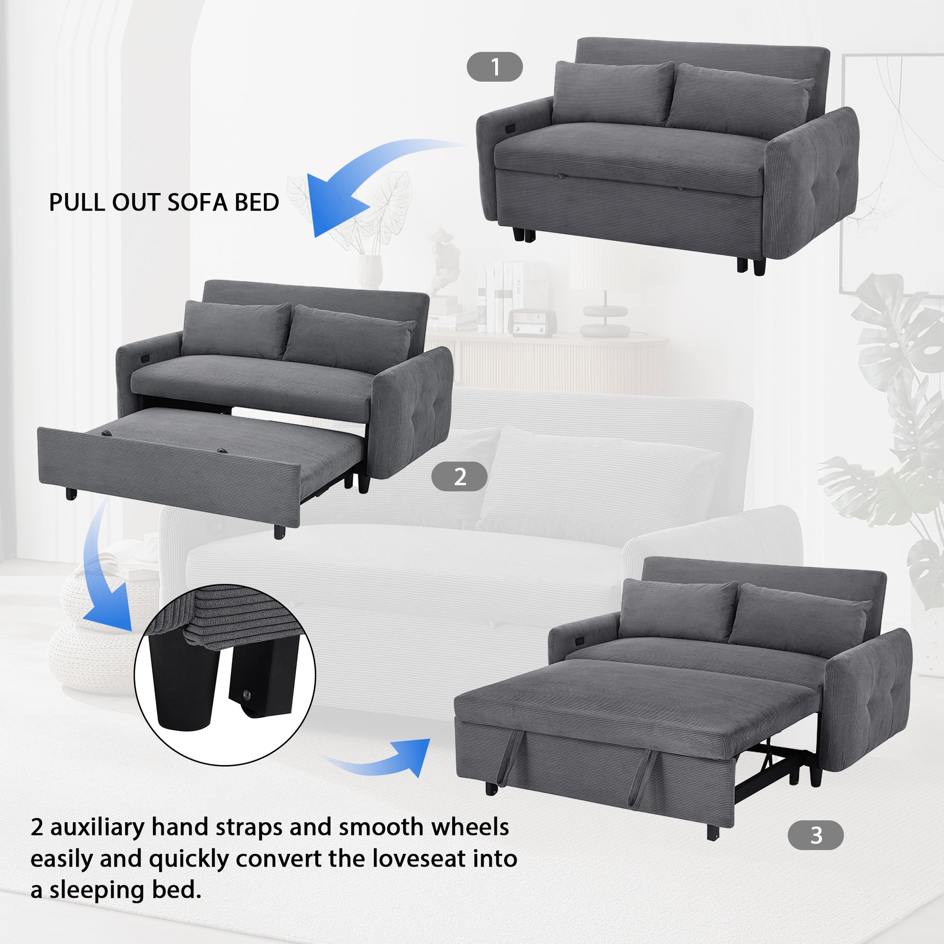 57.48" Pull Out Sofa Bed Convertible Couch 2 Seat Loveseat Sofa Modern Sleeper Sofa With Two Throw Pillows And Usb Ports For Living Room, Dark Grey Old Sku:Wf317760Aar Dark Grey Foam Corduroy 2 Seat