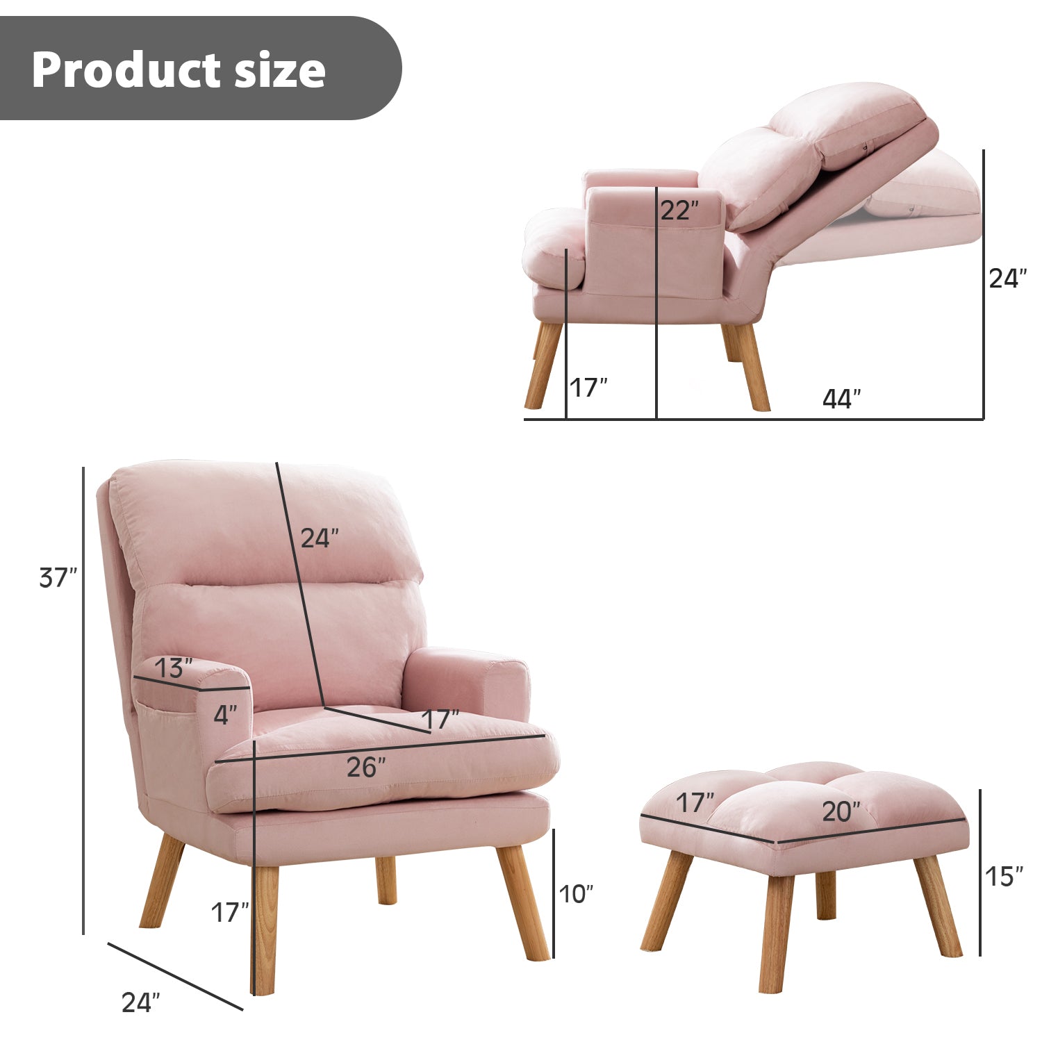 Contemporary Elegance Accent Chair with Footrest, For pink-primary living space-rubberwood-velvet