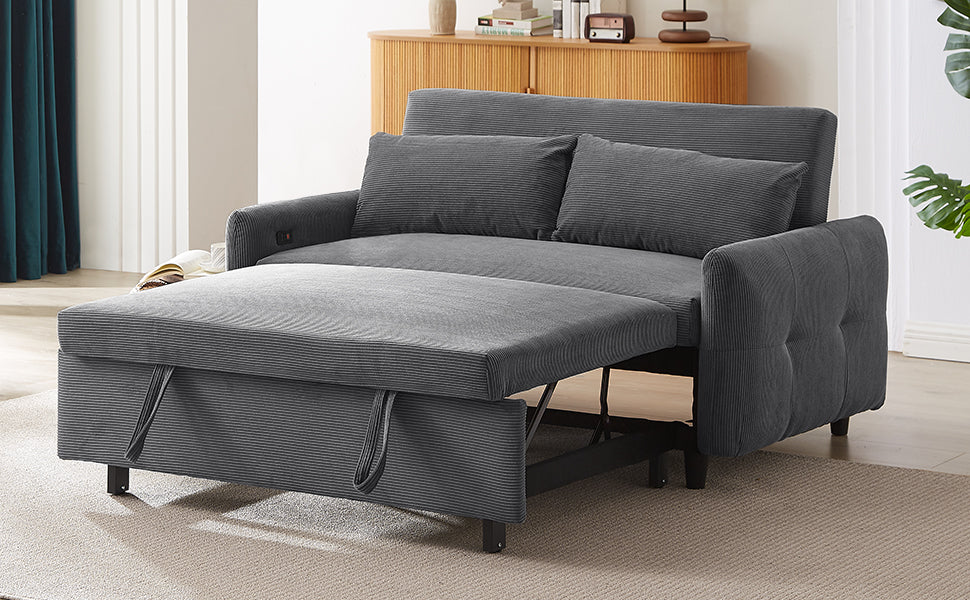 57.48" Pull Out Sofa Bed Convertible Couch 2 Seat Loveseat Sofa Modern Sleeper Sofa With Two Throw Pillows And Usb Ports For Living Room, Dark Grey Dark Grey Foam Corduroy