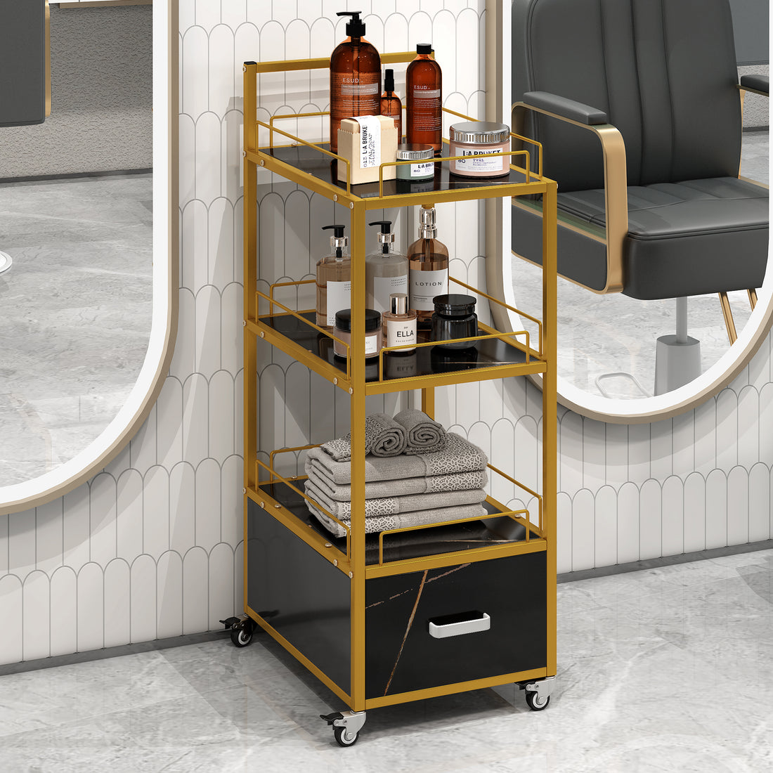 Beauty Salon Storage Trolley Cart,with Lockable gold+black-modern-mdf-mdf+metal