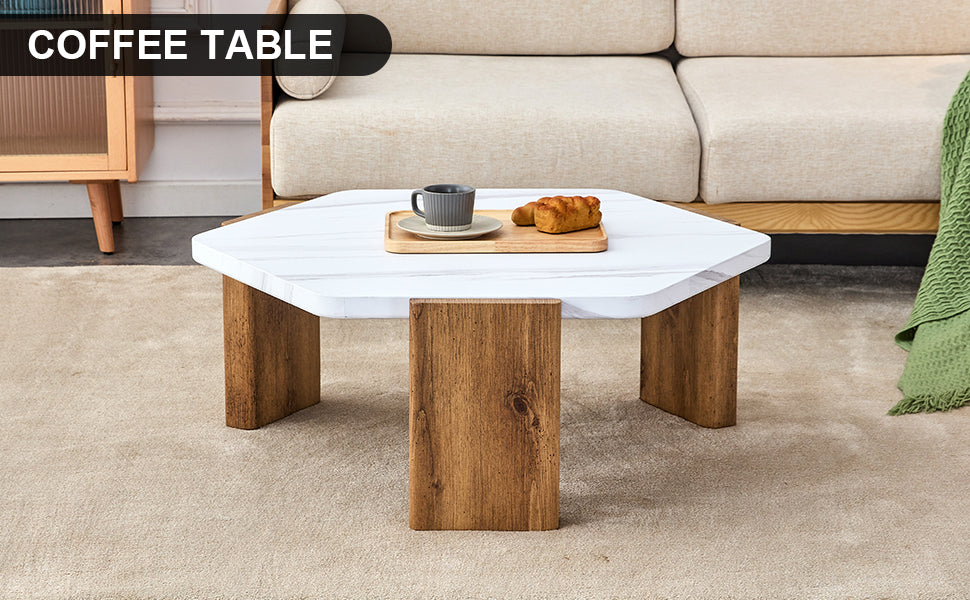 Modern Practical Mdf Coffee Table With White Tabletop And Wooden Toned Legs. Suitable For Living Rooms And Guest Rooms. White Mdf