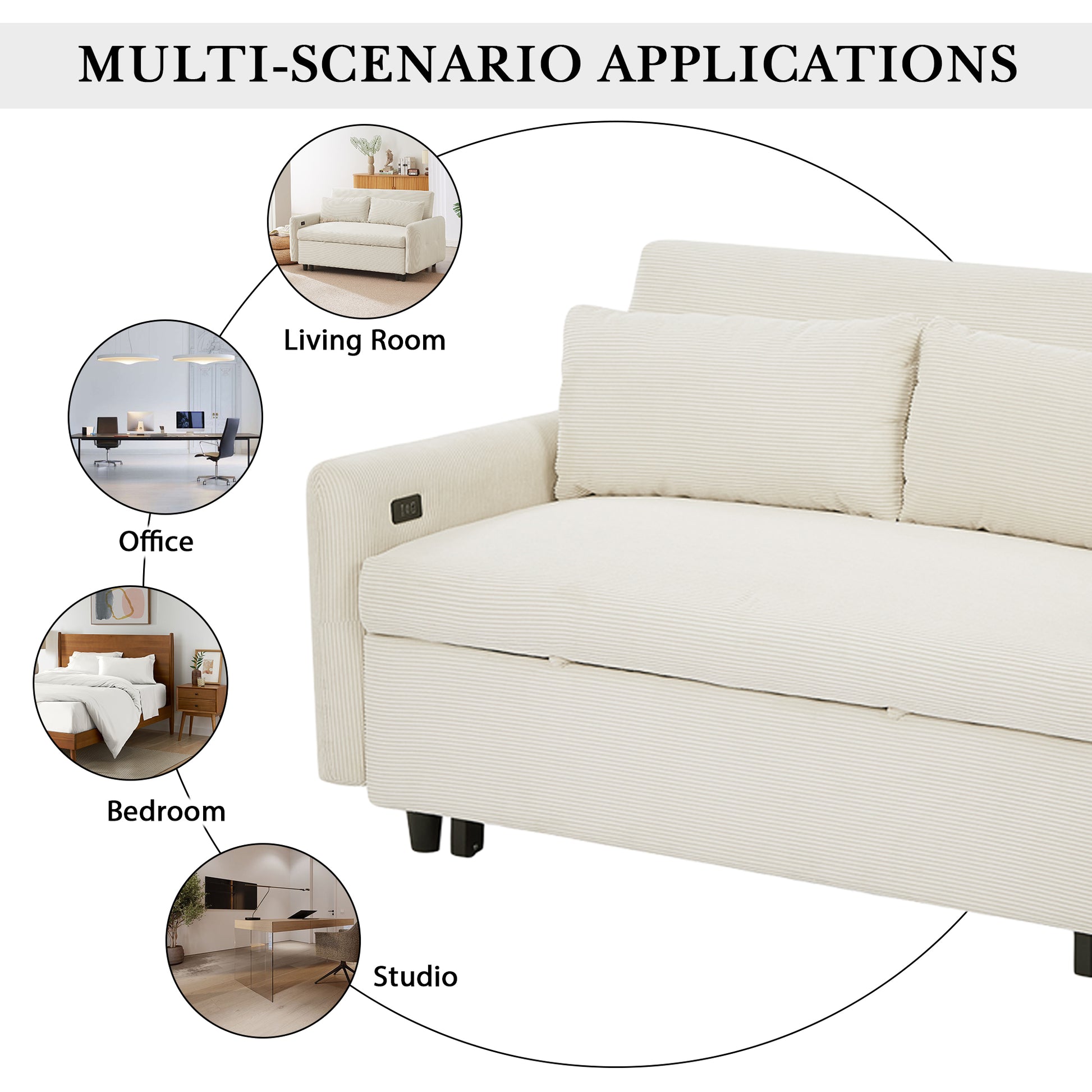 57.48" Pull Out Sofa Bed Convertible Couch 2 Seat Loveseat Sofa Modern Sleeper Sofa With Two Throw Pillows And Usb Ports For Living Room, Beige Beige Foam Corduroy