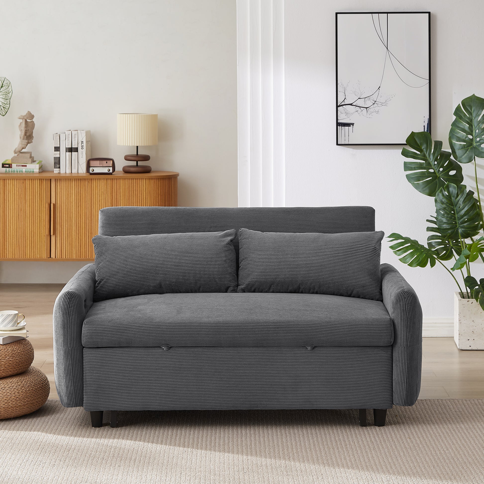 57.48" Pull Out Sofa Bed Convertible Couch 2 Seat Loveseat Sofa Modern Sleeper Sofa With Two Throw Pillows And Usb Ports For Living Room, Dark Grey Dark Grey Foam Corduroy