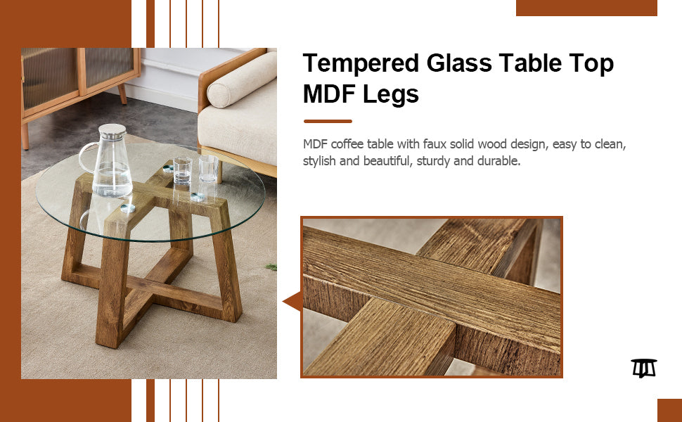 Modern Practical Circular Coffee And Tea Tables. Made Of Transparent Tempered Glass Tabletop And Wood Colored Mdf Material. Suitable For Living Rooms And Bedrooms.31.5"*31.5"*17.7" Natural Wood Mdf Glass