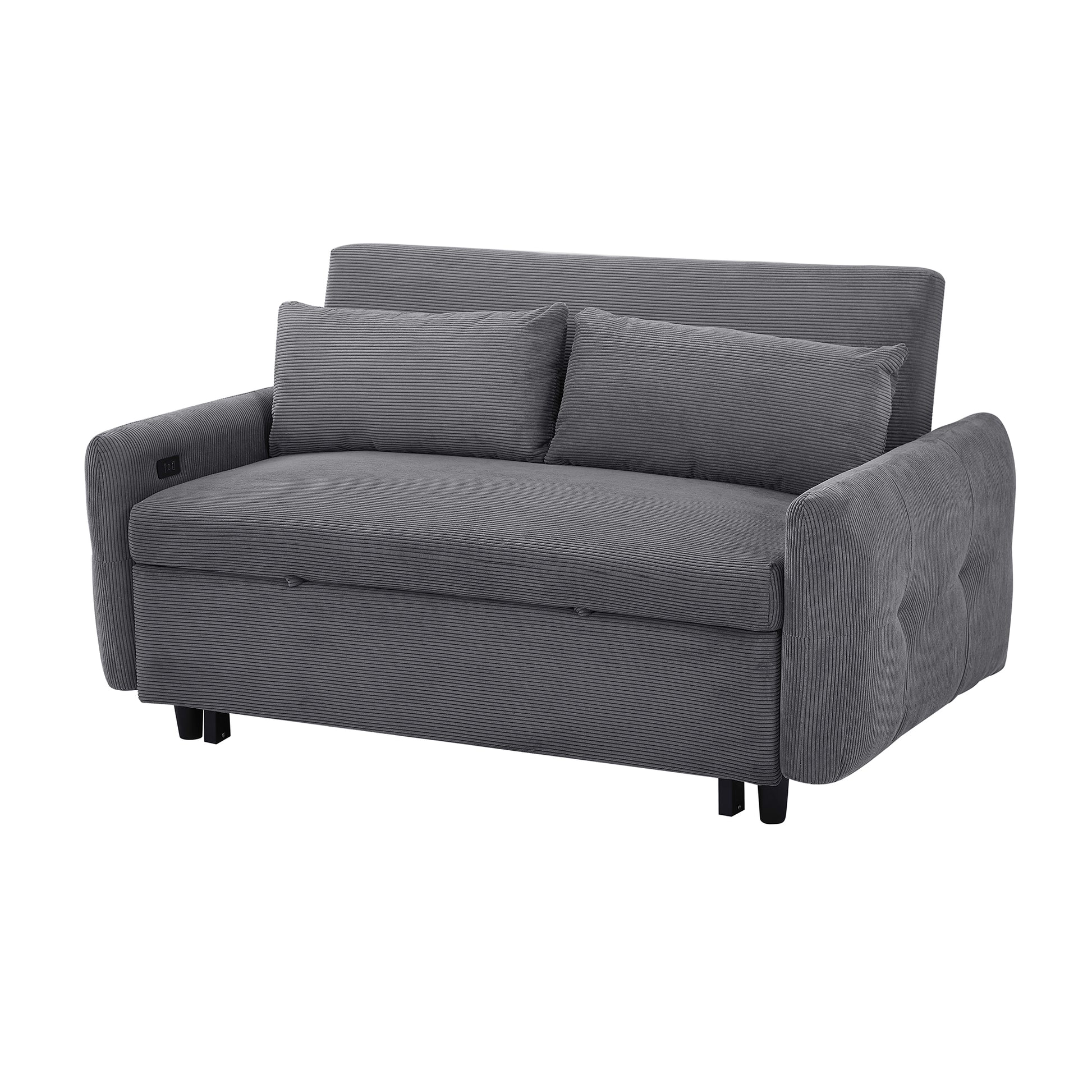 57.48" Pull Out Sofa Bed Convertible Couch 2 Seat Loveseat Sofa Modern Sleeper Sofa With Two Throw Pillows And Usb Ports For Living Room, Dark Grey Old Sku:Wf317760Aar Dark Grey Foam Corduroy 2 Seat