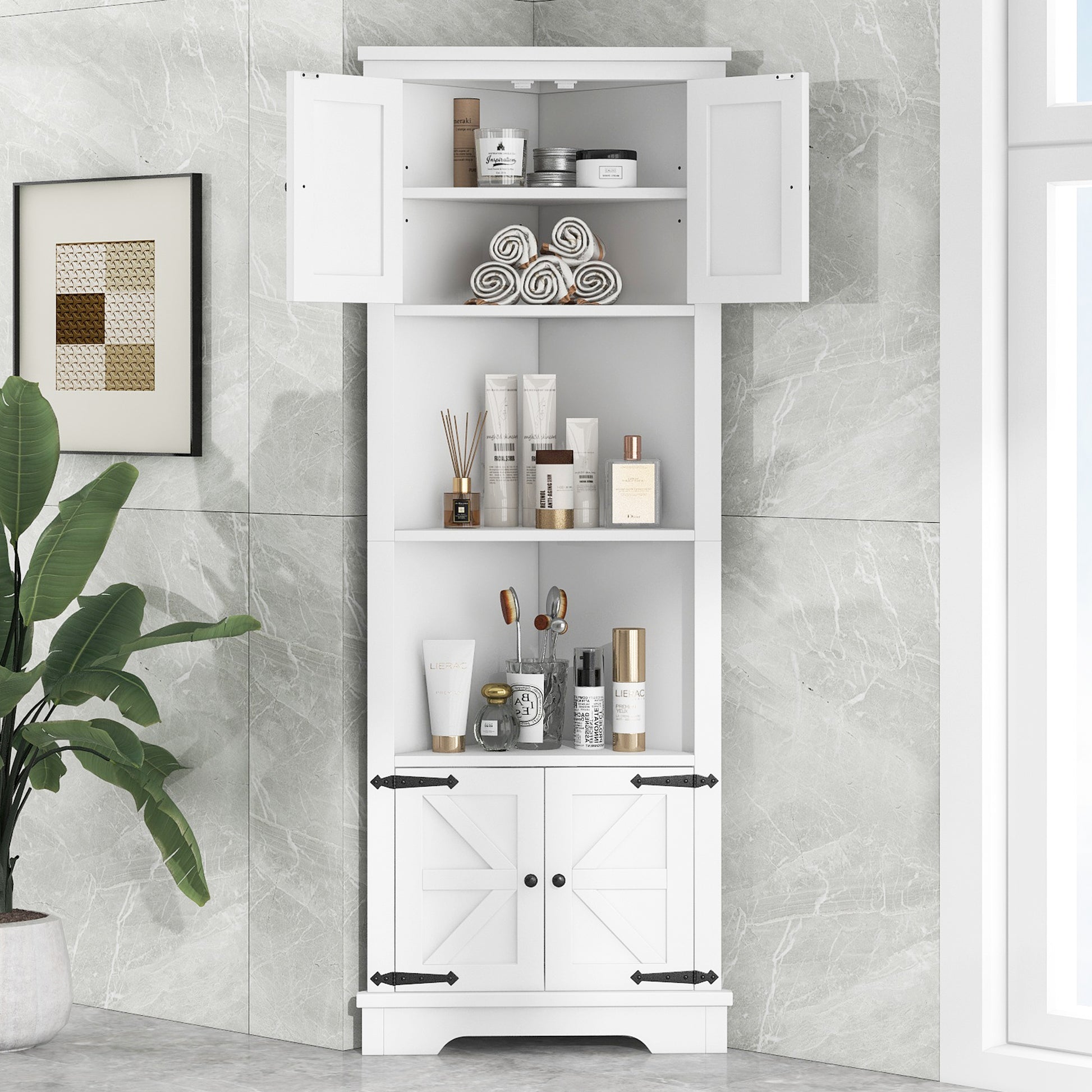 Tall Bathroom Storage Cabinet, Corner Cabinet with white-mdf