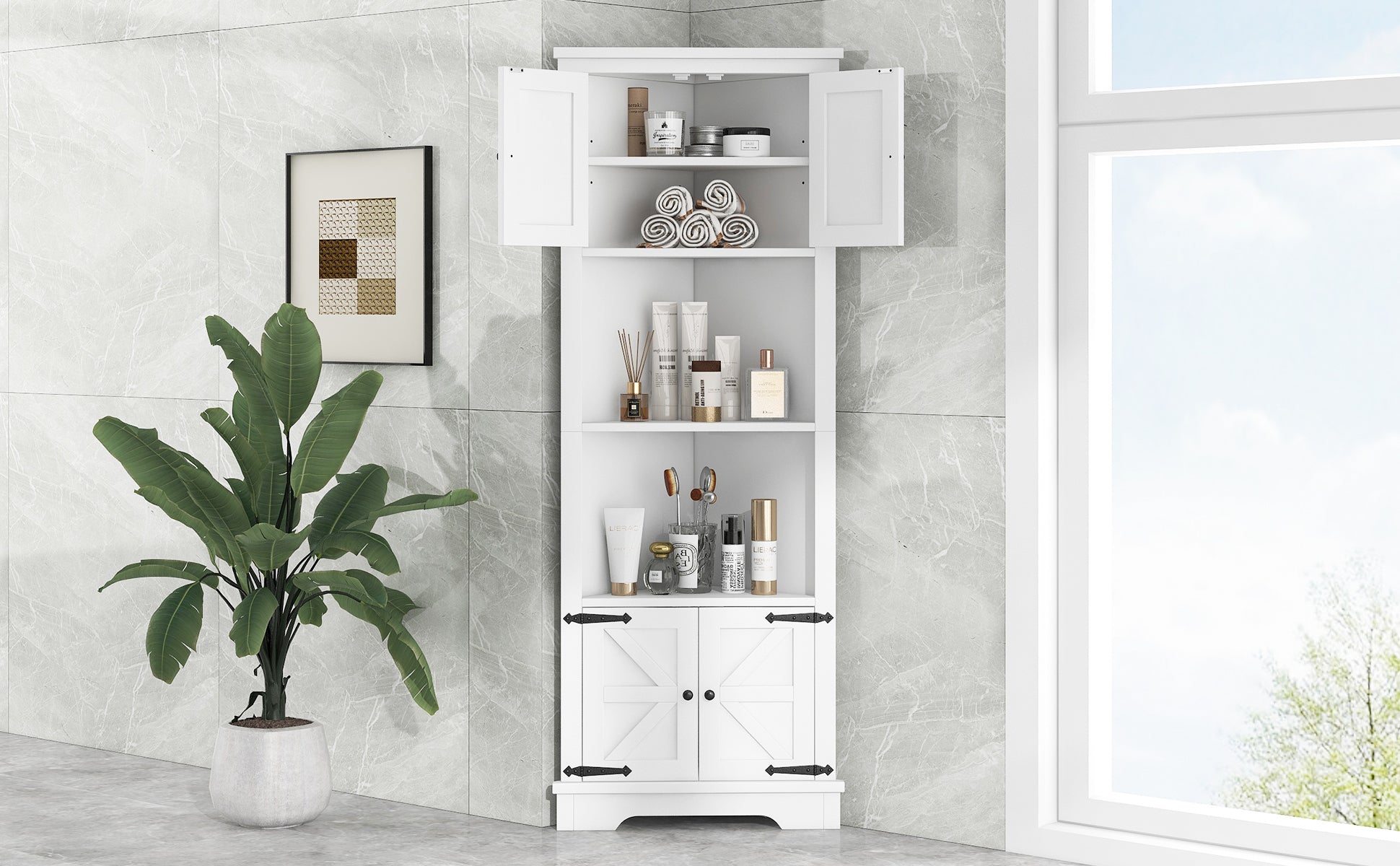 Tall Bathroom Storage Cabinet, Corner Cabinet with white-mdf