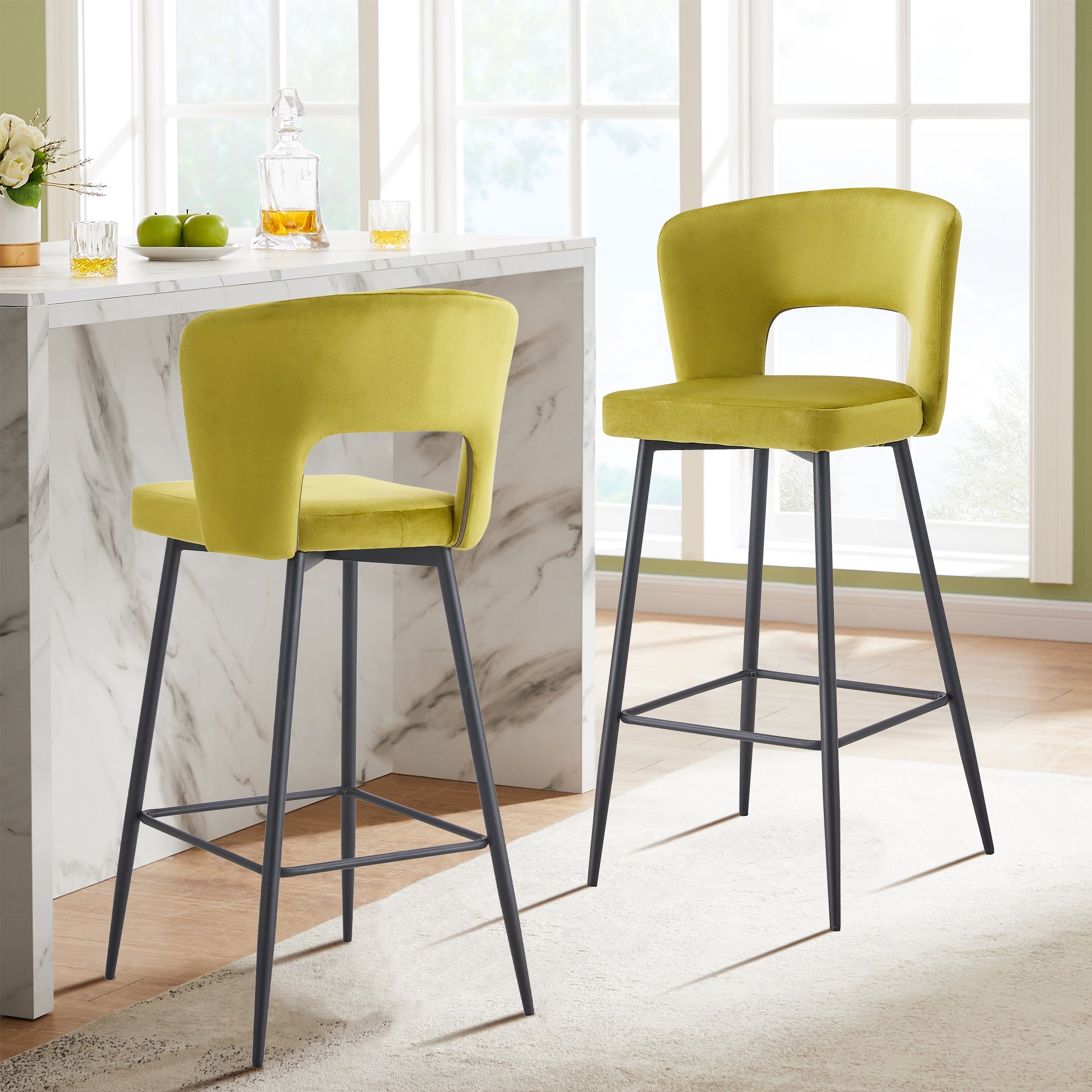 Velvet Bar Yellow Fabric Bar Stools Set Of Cloth Armless Yellow