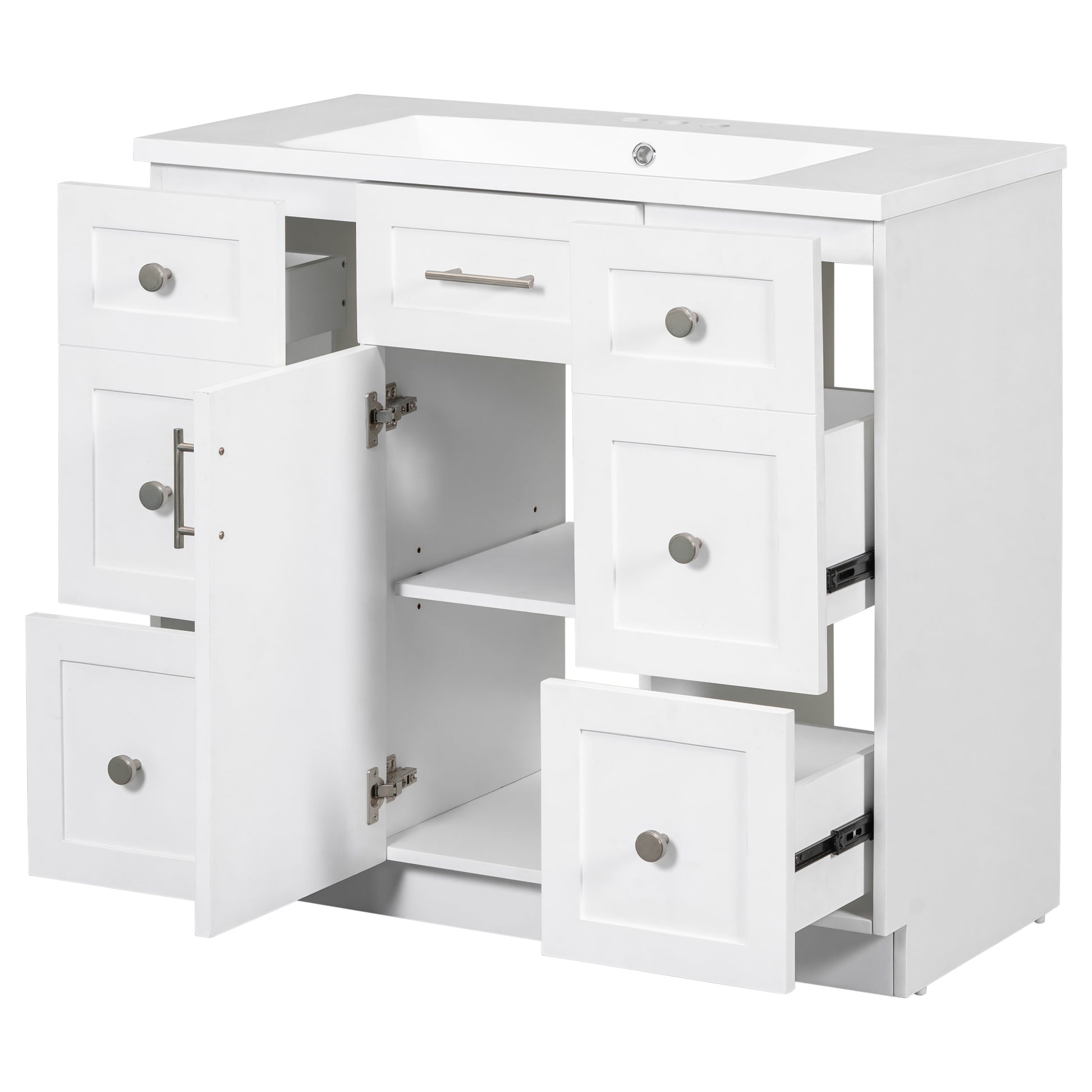 Modern White 36 Inch Freestanding Bathroom Vanity Cabinet With Resin Integrated Basin With 4 Drawers 1 Soft Close Door, Multi Functional Storage White Mdf