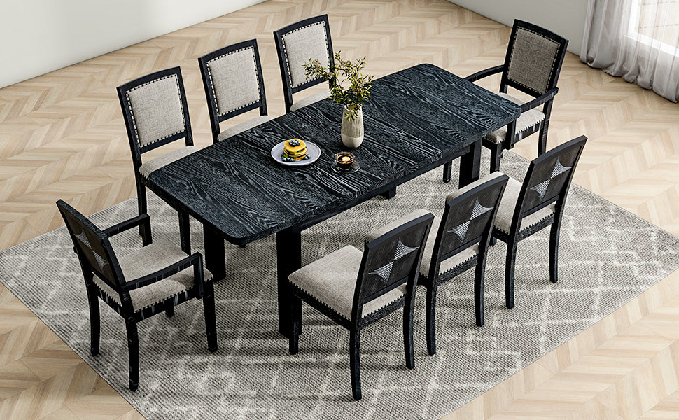 Rustic Extendable 84Inch Dining Table Set With 24Inch Removable Leaf6 Upholstered Armless Dining Chairs And 2 Padded Arm Chairs, 9 Pieces, Black Wood Dining Room Extendable Rubberwood Rectangular Dining Table With Chair Upholstered Chair Wood Black Gray