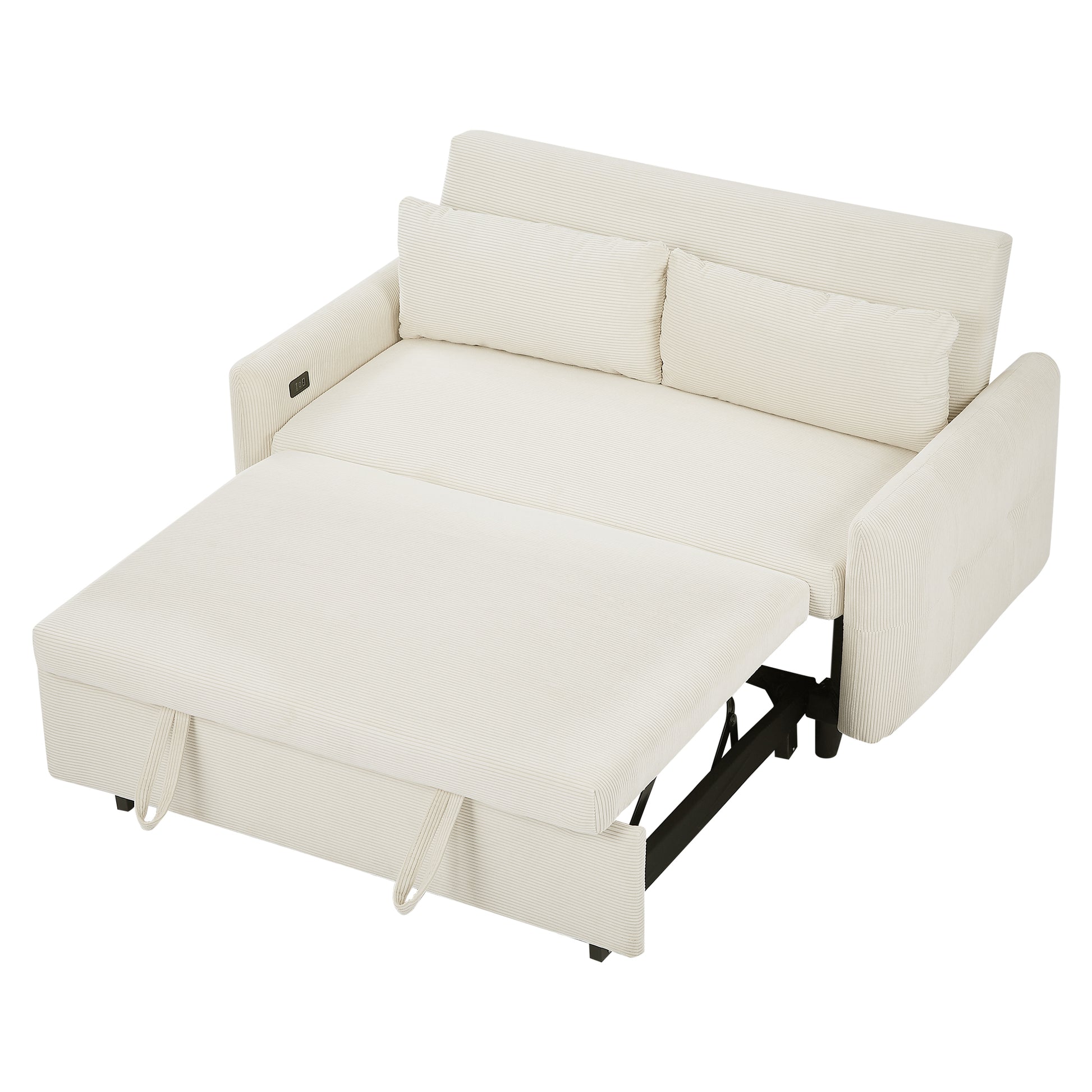 57.48" Pull Out Sofa Bed Convertible Couch 2 Seat Loveseat Sofa Modern Sleeper Sofa With Two Throw Pillows And Usb Ports For Living Room, Beige Beige Foam Corduroy