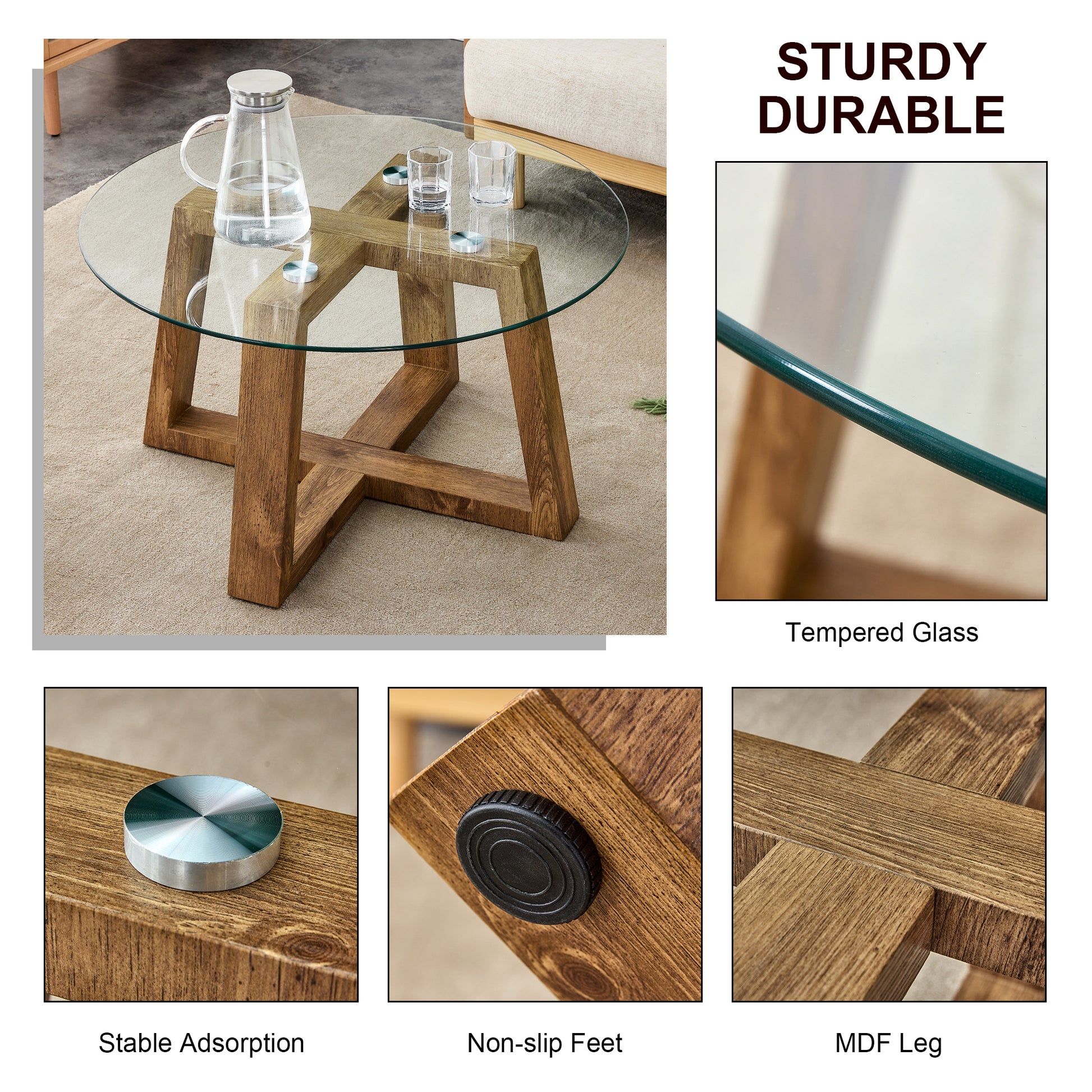 Modern Practical Circular Coffee And Tea Tables. Made Of Transparent Tempered Glass Tabletop And Wood Colored Mdf Material. Suitable For Living Rooms And Bedrooms.31.5"*31.5"*17.7" Natural Wood Mdf Glass