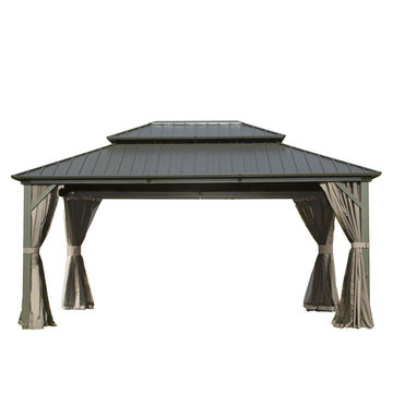 12' X 16' Hardtop Gazebo, Aluminum Metal Gazebo With Galvanized Steel Double Roof Canopy, Curtain And Netting, Permanent Gazebo Pavilion For Patio, Backyard, Deck, Lawn Gray Aluminum