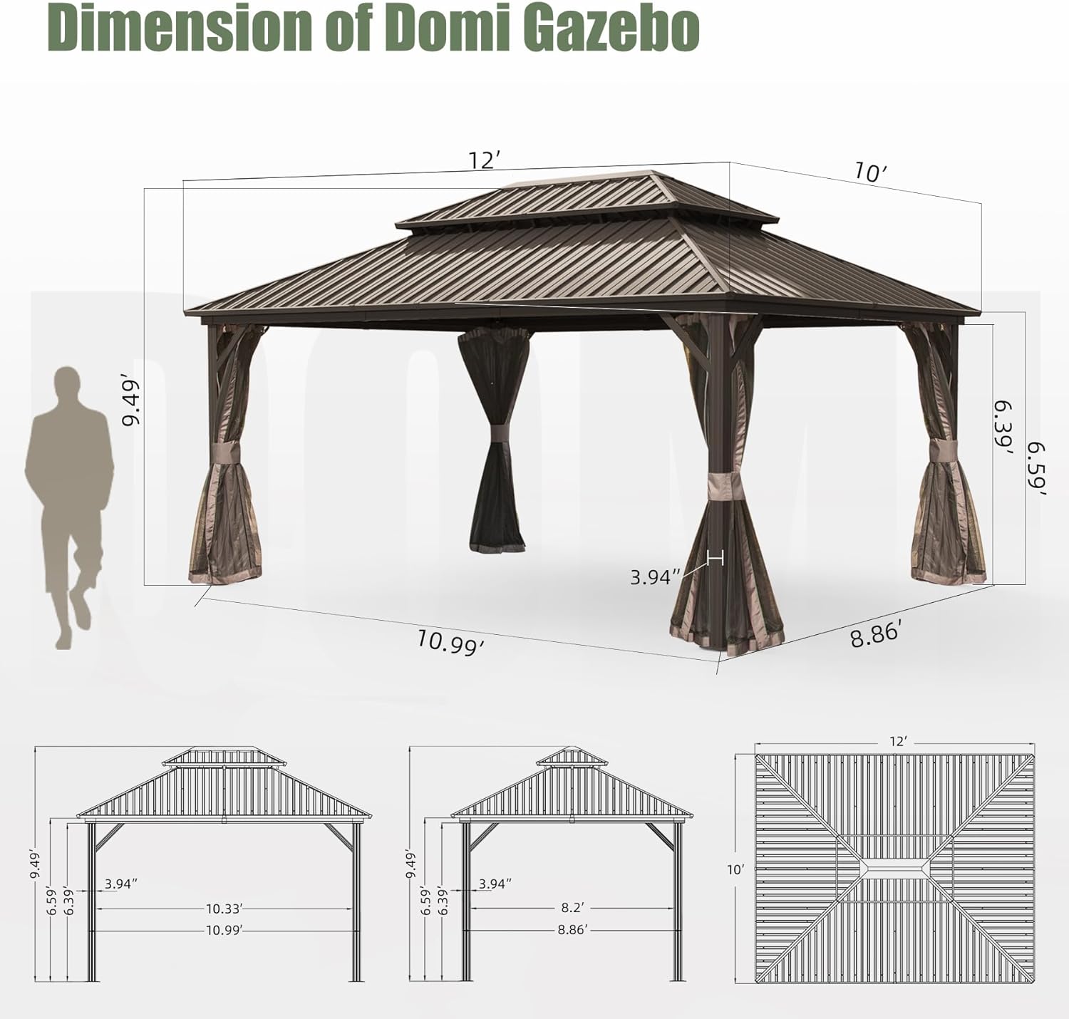 10' X 12' Hardtop Gazebo, Aluminum Metal Gazebo With Galvanized Steel Double Roof Canopy, Curtain And Netting, Permanent Gazebo Pavilion For Party, Wedding, Outdoor Dining, Brown Brown Aluminum