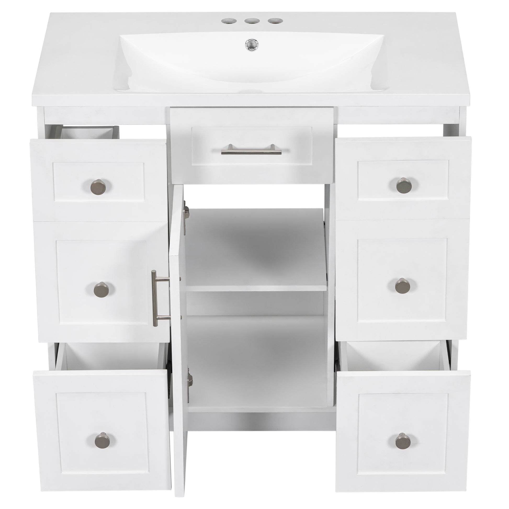 Modern White 36 Inch Freestanding Bathroom Vanity Cabinet With Resin Integrated Basin With 4 Drawers 1 Soft Close Door, Multi Functional Storage White Mdf