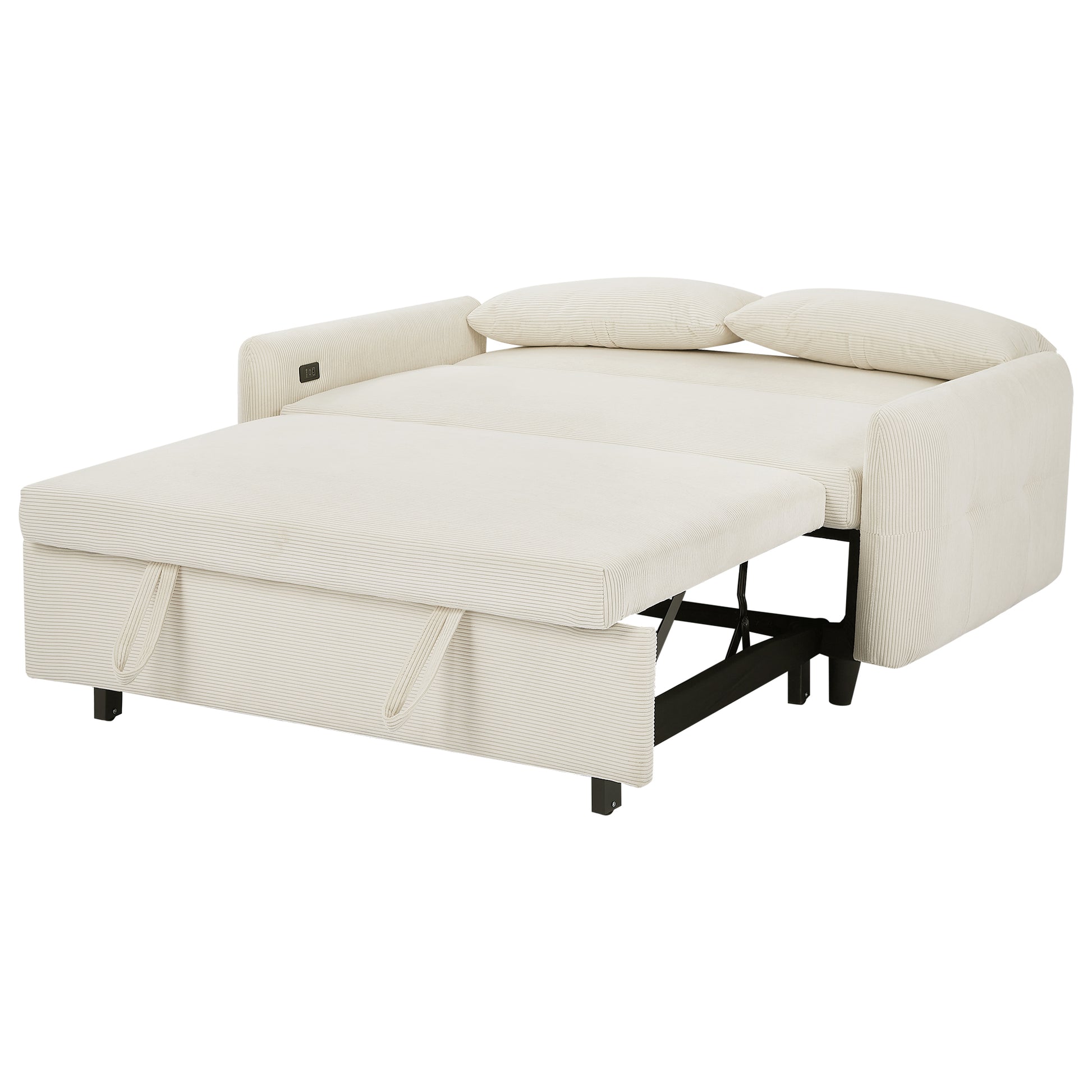 57.48" Pull Out Sofa Bed Convertible Couch 2 Seat Loveseat Sofa Modern Sleeper Sofa With Two Throw Pillows And Usb Ports For Living Room, Beige Beige Foam Corduroy