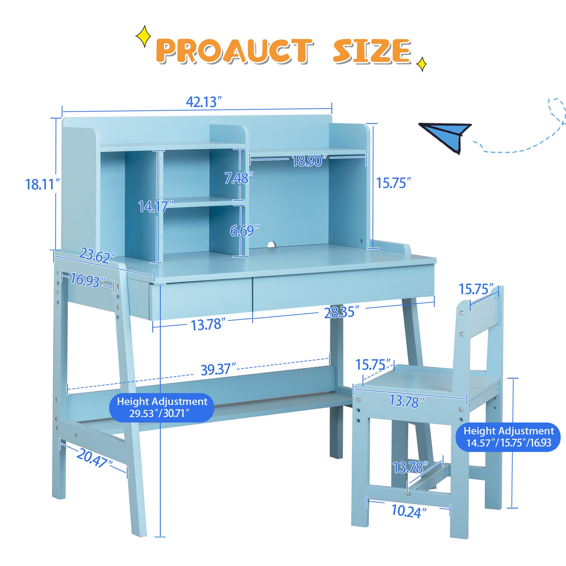 Modern Classic Desk, Children'S Desk, Solid Wood Desk, Bedroom Boy And Girl Family Desk And Chair Set, Compact, Multi Space Available, Multi Color Optional, Multi Storage Space, Color:Blue Antique Blue Light Brown Study Classic Pine Solid Wood Mdf