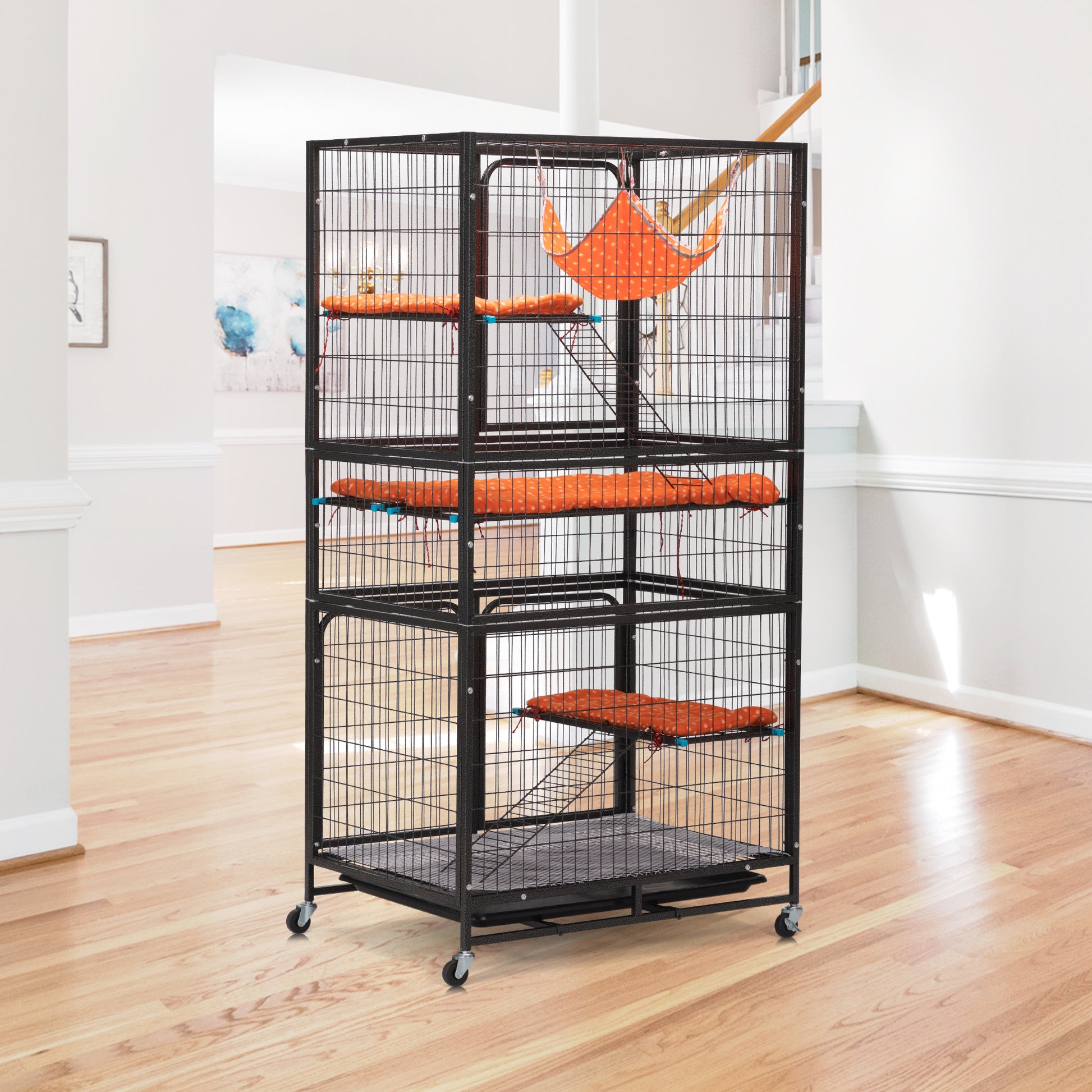 4 Story Pet Cage, Bunny Hutch With Ladder, Lockable Wheels And Removable Tray, Black And Orange Black Metal