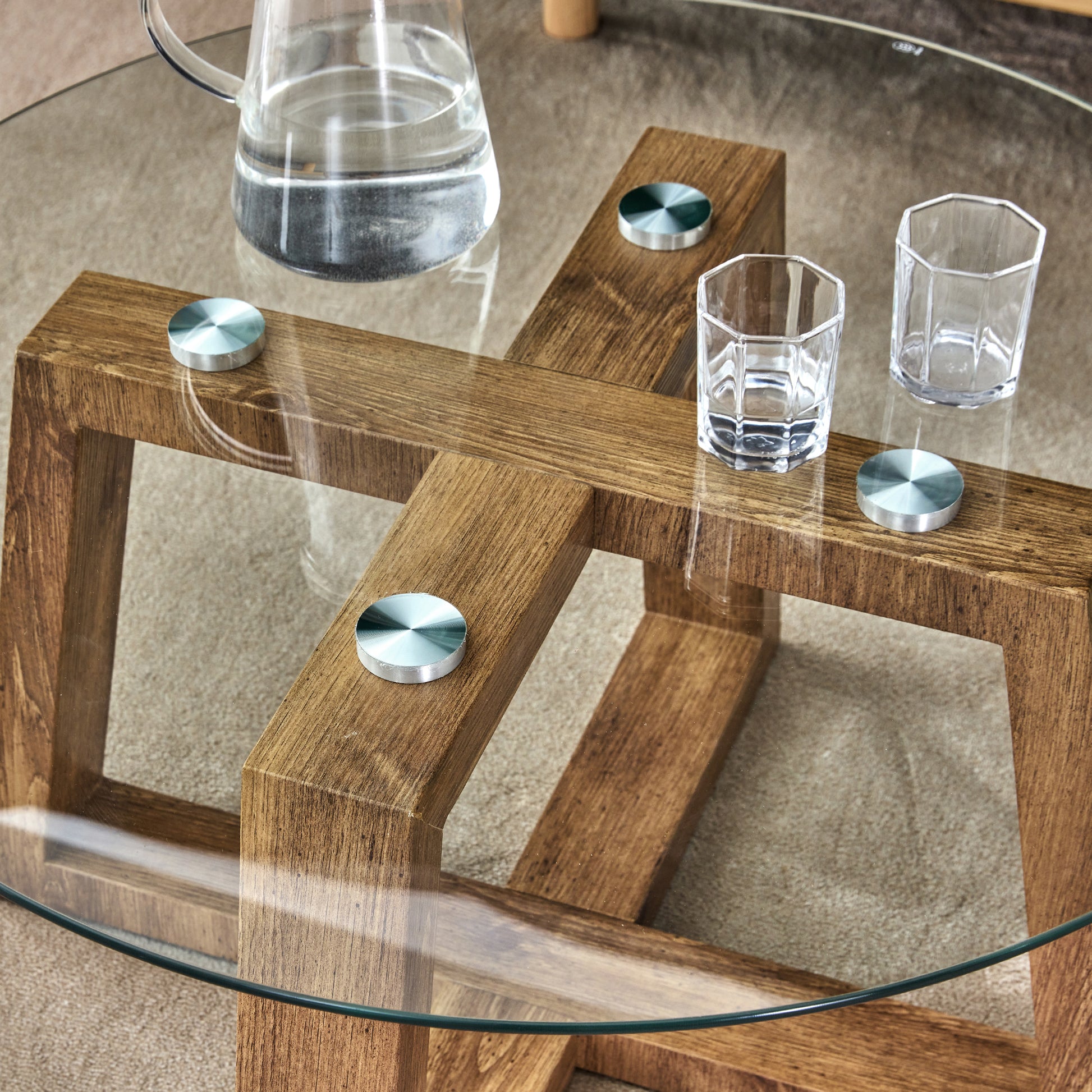 Modern Practical Circular Coffee And Tea Tables. Made Of Transparent Tempered Glass Tabletop And Wood Colored Mdf Material. Suitable For Living Rooms And Bedrooms.31.5"*31.5"*17.7" Natural Wood Mdf Glass