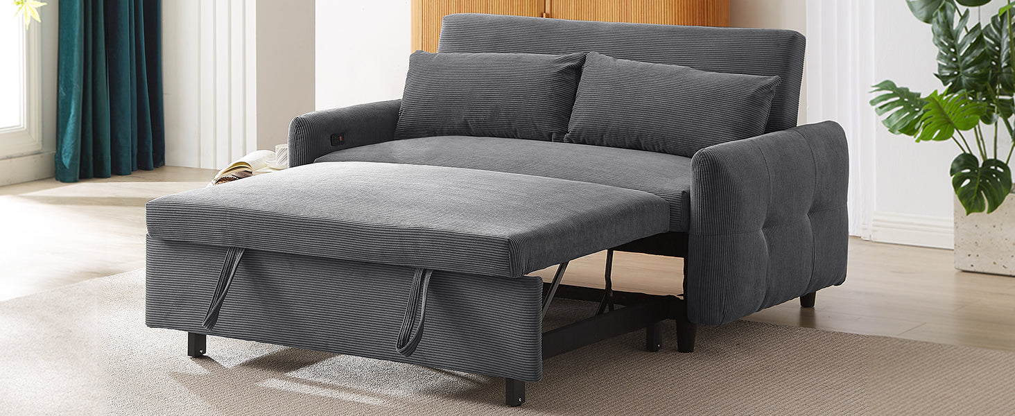 57.48" Pull Out Sofa Bed Convertible Couch 2 Seat Loveseat Sofa Modern Sleeper Sofa With Two Throw Pillows And Usb Ports For Living Room, Dark Grey Old Sku:Wf317760Aar Dark Grey Foam Corduroy 2 Seat