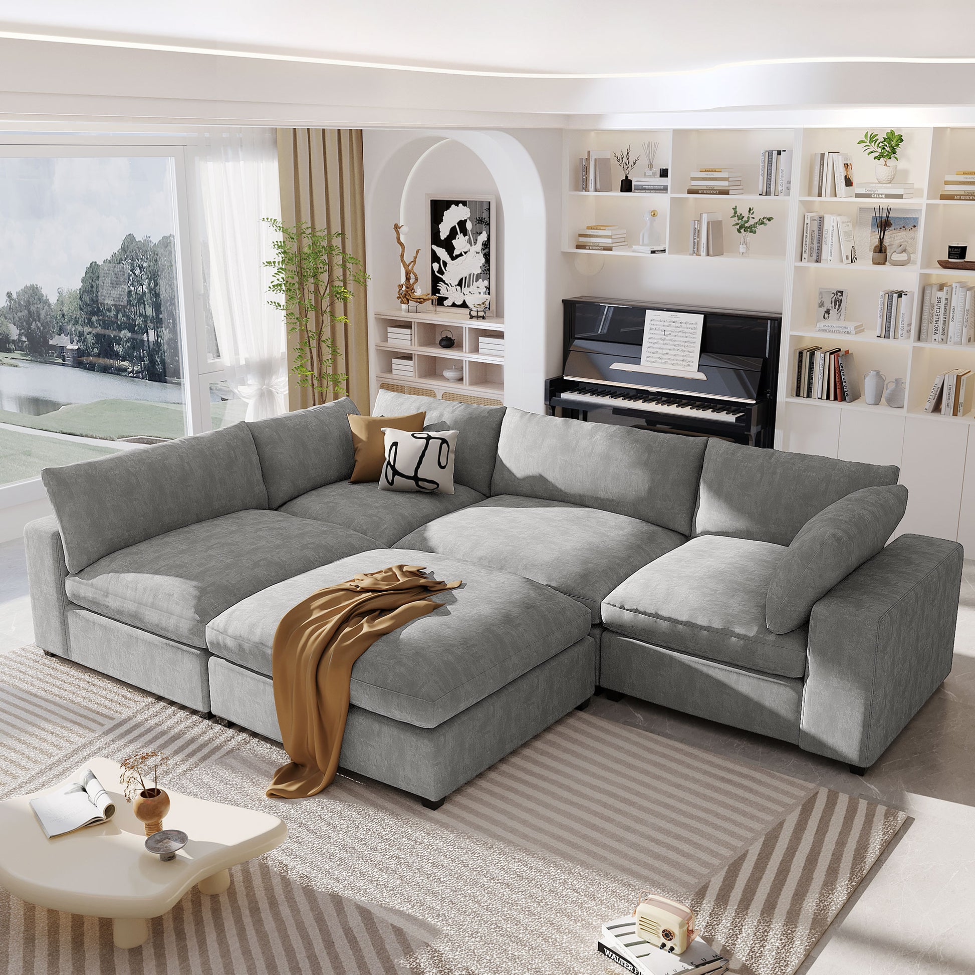 Upholstered Oversize Modular Sofa With Removable Ottoman,Sectional Sofa For Living Room Apartment 5 Seater Grey Polyester 5 Seat