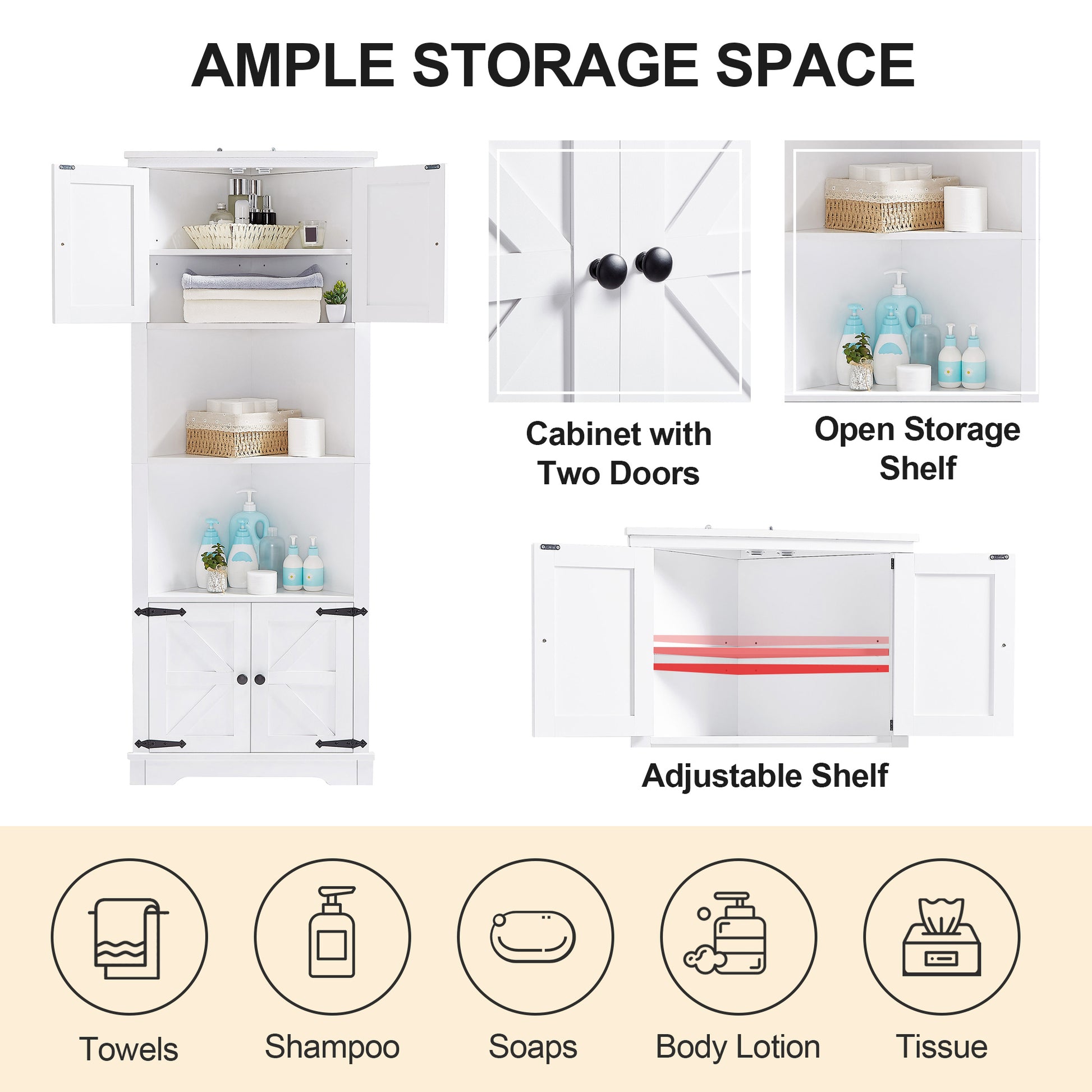 Tall Bathroom Storage Cabinet, Corner Cabinet with white-mdf