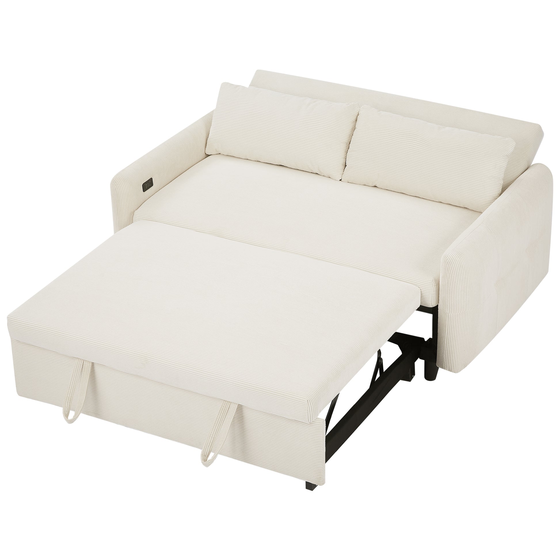 57.48" Pull Out Sofa Bed Convertible Couch 2 Seat Loveseat Sofa Modern Sleeper Sofa With Two Throw Pillows And Usb Ports For Living Room, Beige Beige Foam Corduroy