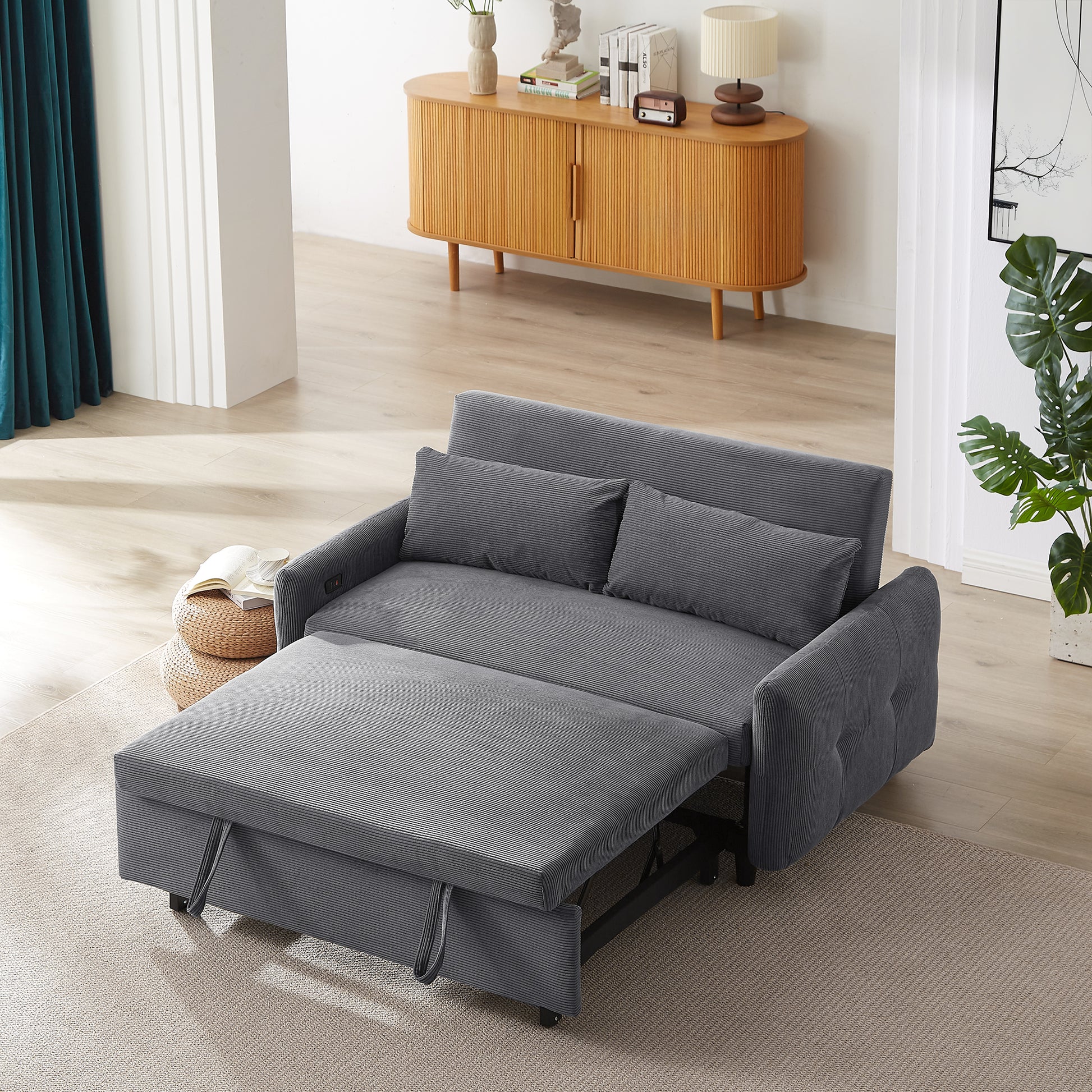 57.48" Pull Out Sofa Bed Convertible Couch 2 Seat Loveseat Sofa Modern Sleeper Sofa With Two Throw Pillows And Usb Ports For Living Room, Dark Grey Dark Grey Foam Corduroy