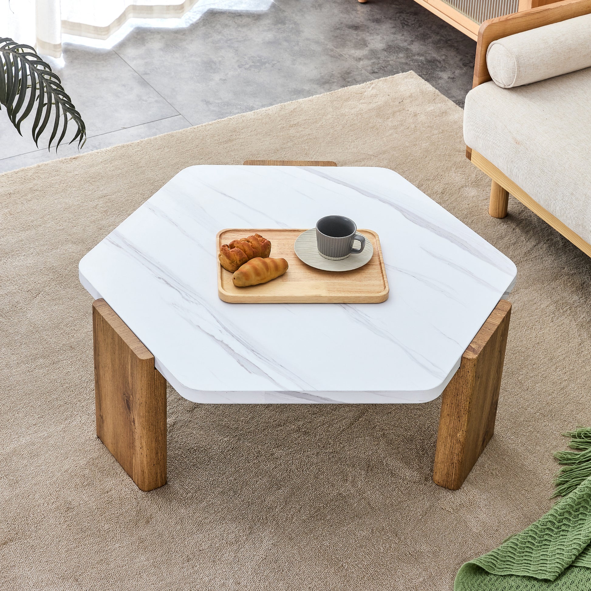 Modern Practical Mdf Coffee Table With White Tabletop And Wooden Toned Legs. Suitable For Living Rooms And Guest Rooms. White Mdf