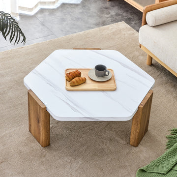 Modern Practical Mdf Coffee Table With White Tabletop And Wooden Toned Legs. Suitable For Living Rooms And Guest Rooms. White Mdf