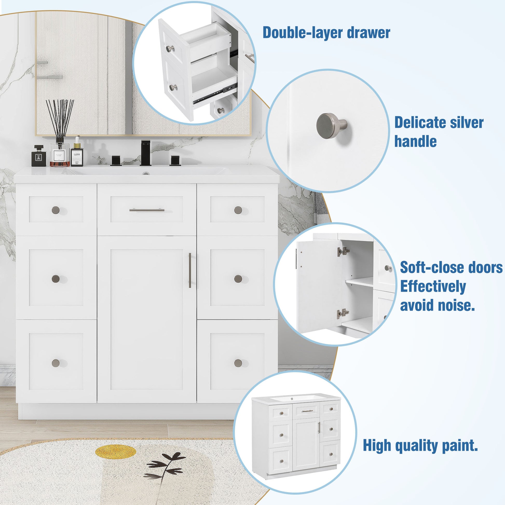 Modern White 36 Inch Freestanding Bathroom Vanity Cabinet With Resin Integrated Basin With 4 Drawers 1 Soft Close Door, Multi Functional Storage White Mdf