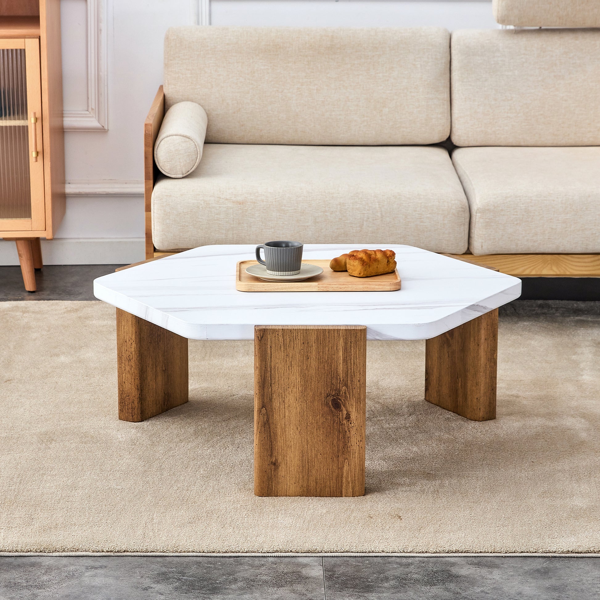 Modern Practical Mdf Coffee Table With White Tabletop And Wooden Toned Legs. Suitable For Living Rooms And Guest Rooms. White Mdf