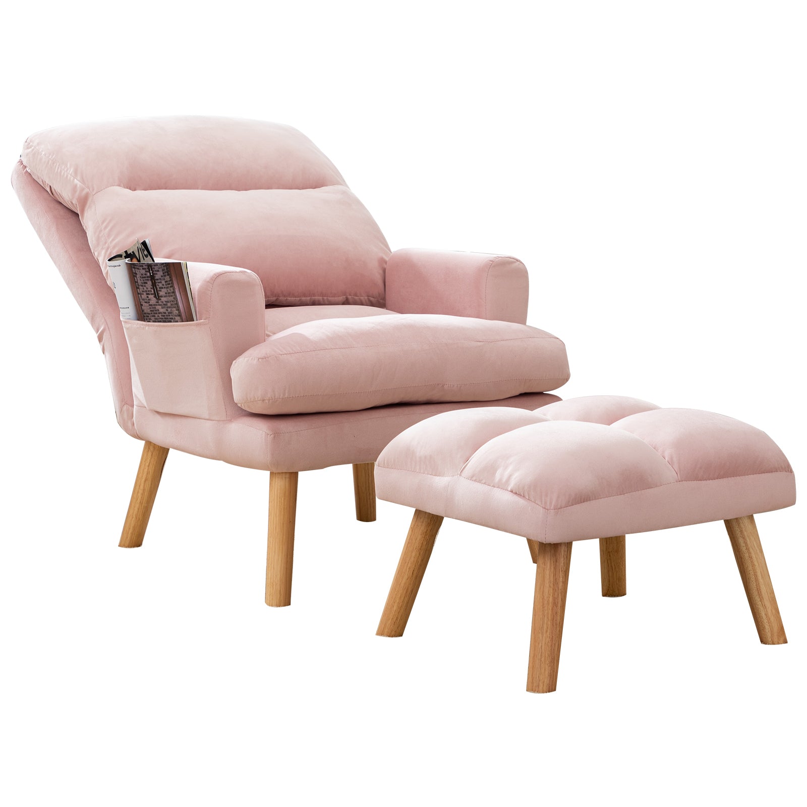 Contemporary Elegance Accent Chair with Footrest, For pink-primary living space-rubberwood-velvet
