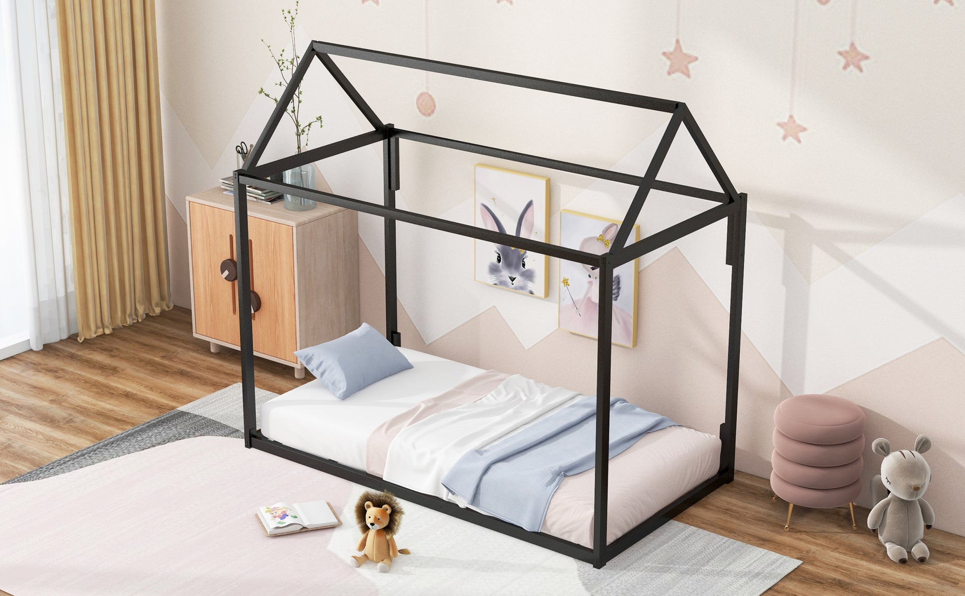 Metal House Shape Platform Bed, Twin Black Metal