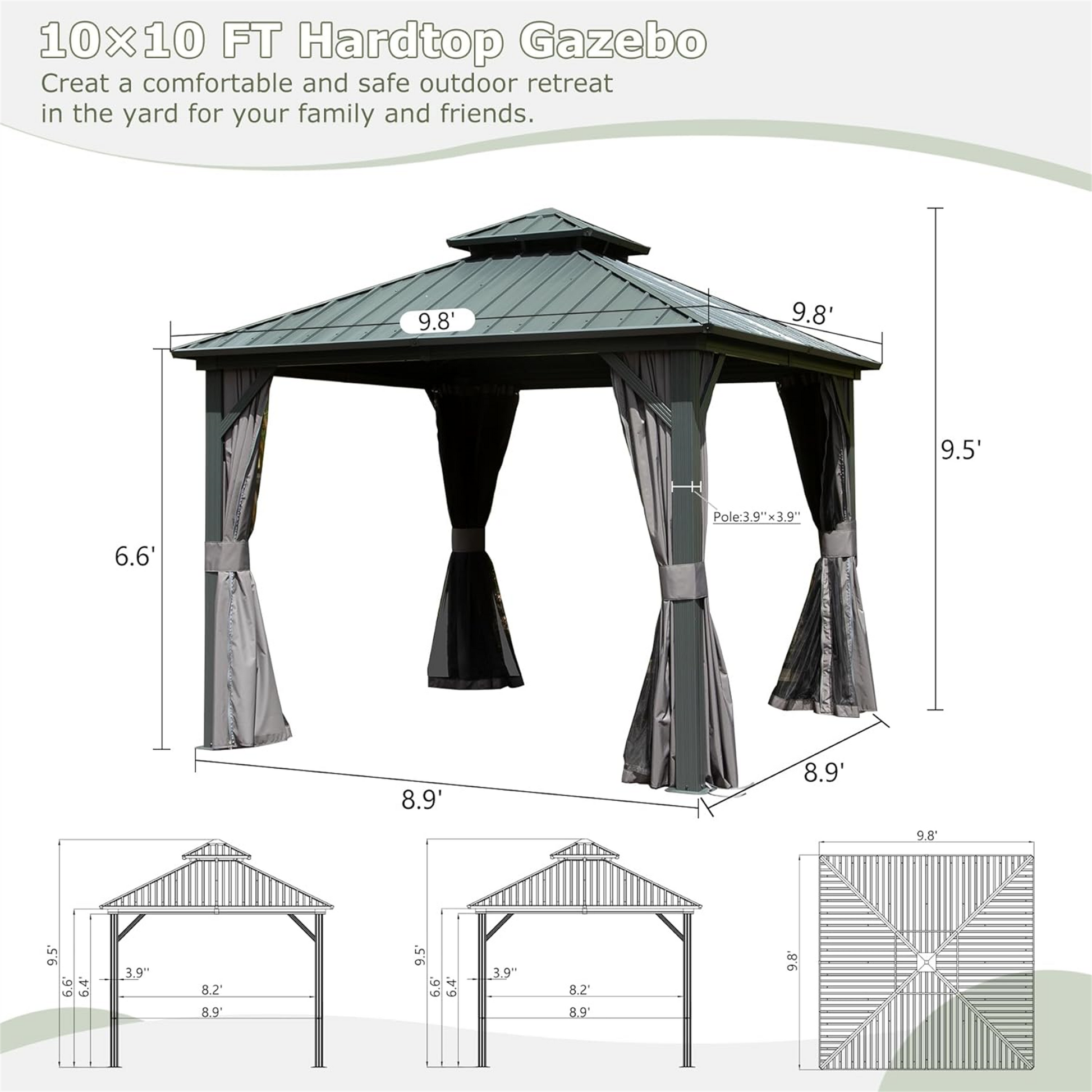 10' X 10' Hardtop Gazebo, Aluminum Metal Gazebo With Galvanized Steel Double Roof Canopy, Curtain And Netting, Permanent Gazebo Pavilion For Patio, Backyard, Deck, Lawn Gray Aluminum