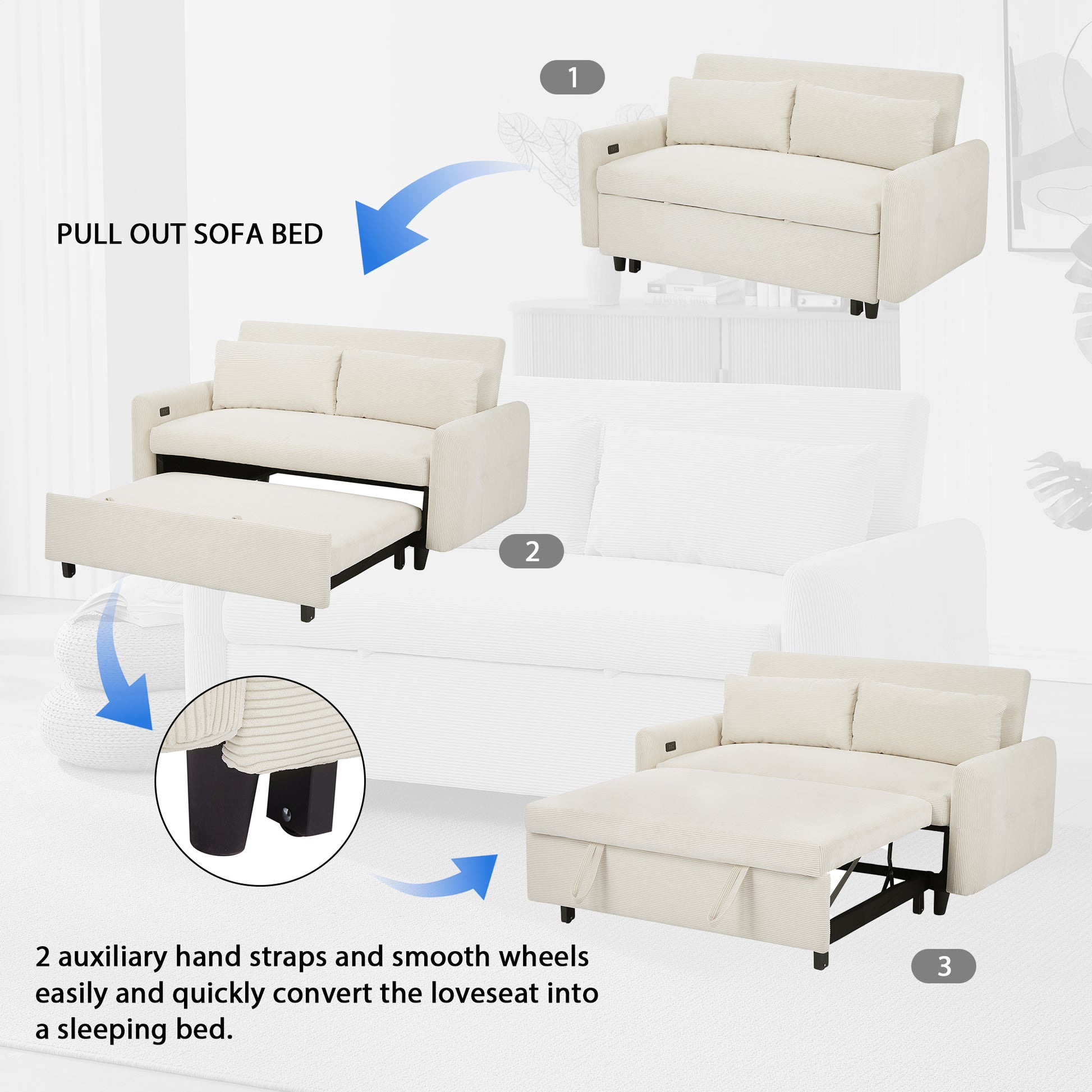 57.48" Pull Out Sofa Bed Convertible Couch 2 Seat Loveseat Sofa Modern Sleeper Sofa With Two Throw Pillows And Usb Ports For Living Room, Beige Beige Foam Corduroy