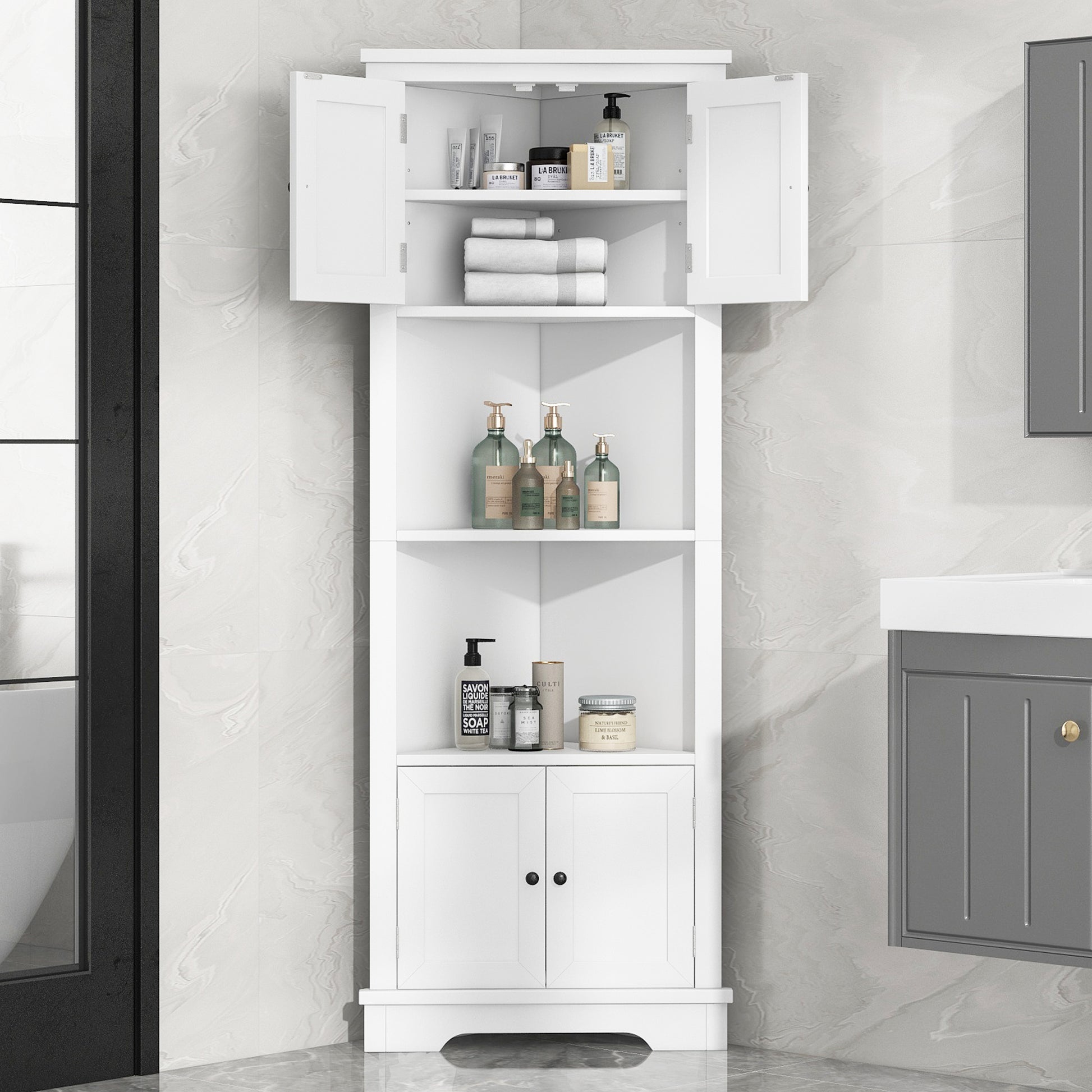 Tall Bathroom Storage Cabinet, Corner Cabinet With Doors And Adjustable Shelf, Mdf Board, White White Mdf