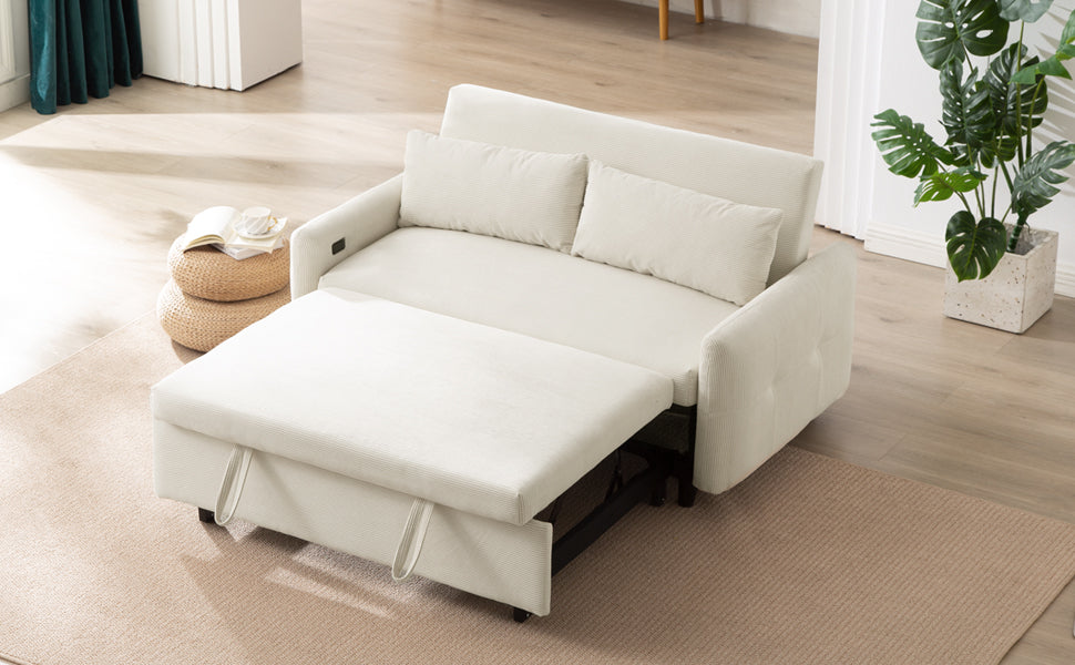 57.48" Pull Out Sofa Bed Convertible Couch 2 Seat Loveseat Sofa Modern Sleeper Sofa With Two Throw Pillows And Usb Ports For Living Room, Beige Beige Foam Corduroy