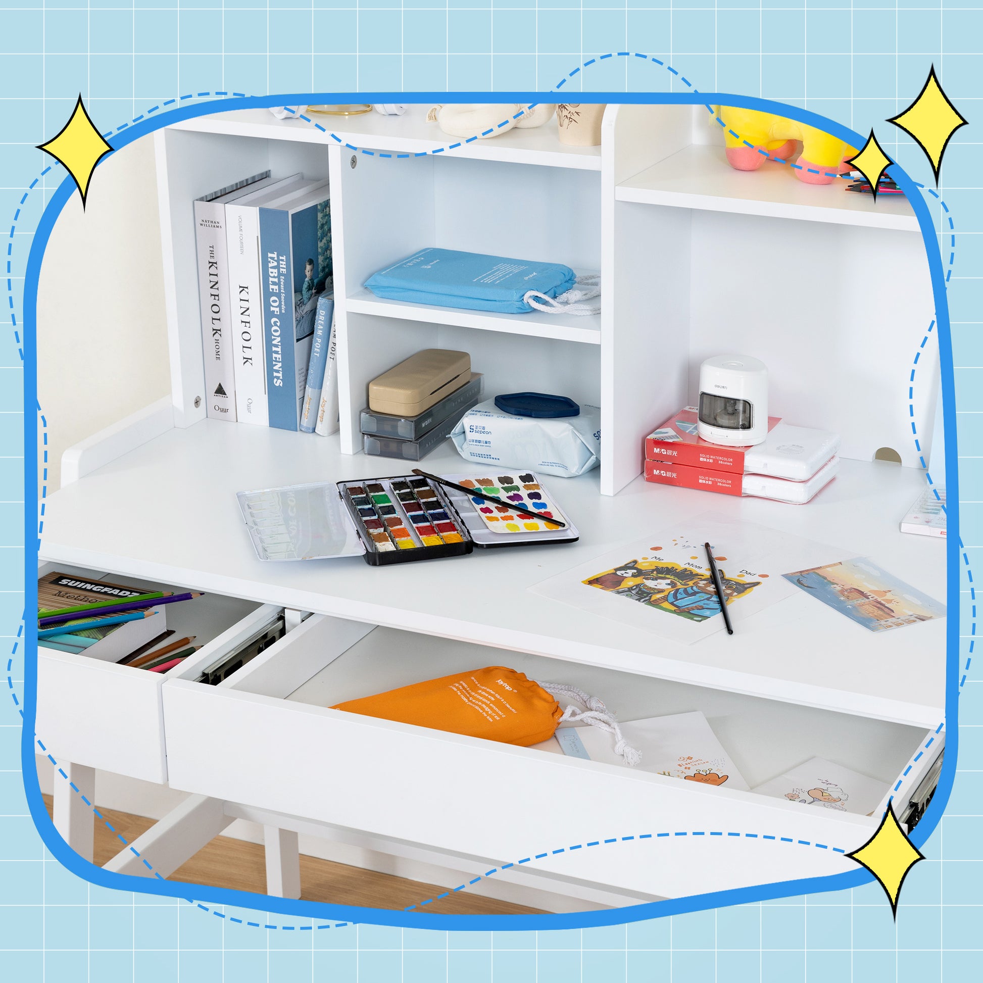 Modern Classic Desk, Children'S Desk, Solid Wood Desk, Bedroom Boy And Girl Family Desk And Chair Set, Compact, Multi Space Available, Multi Color Optional, Multi Storage Space, Color:White White Light Brown Desk And Chair Set Study Classic Pine