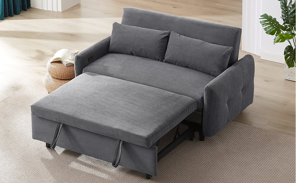 57.48" Pull Out Sofa Bed Convertible Couch 2 Seat Loveseat Sofa Modern Sleeper Sofa With Two Throw Pillows And Usb Ports For Living Room, Dark Grey Dark Grey Foam Corduroy