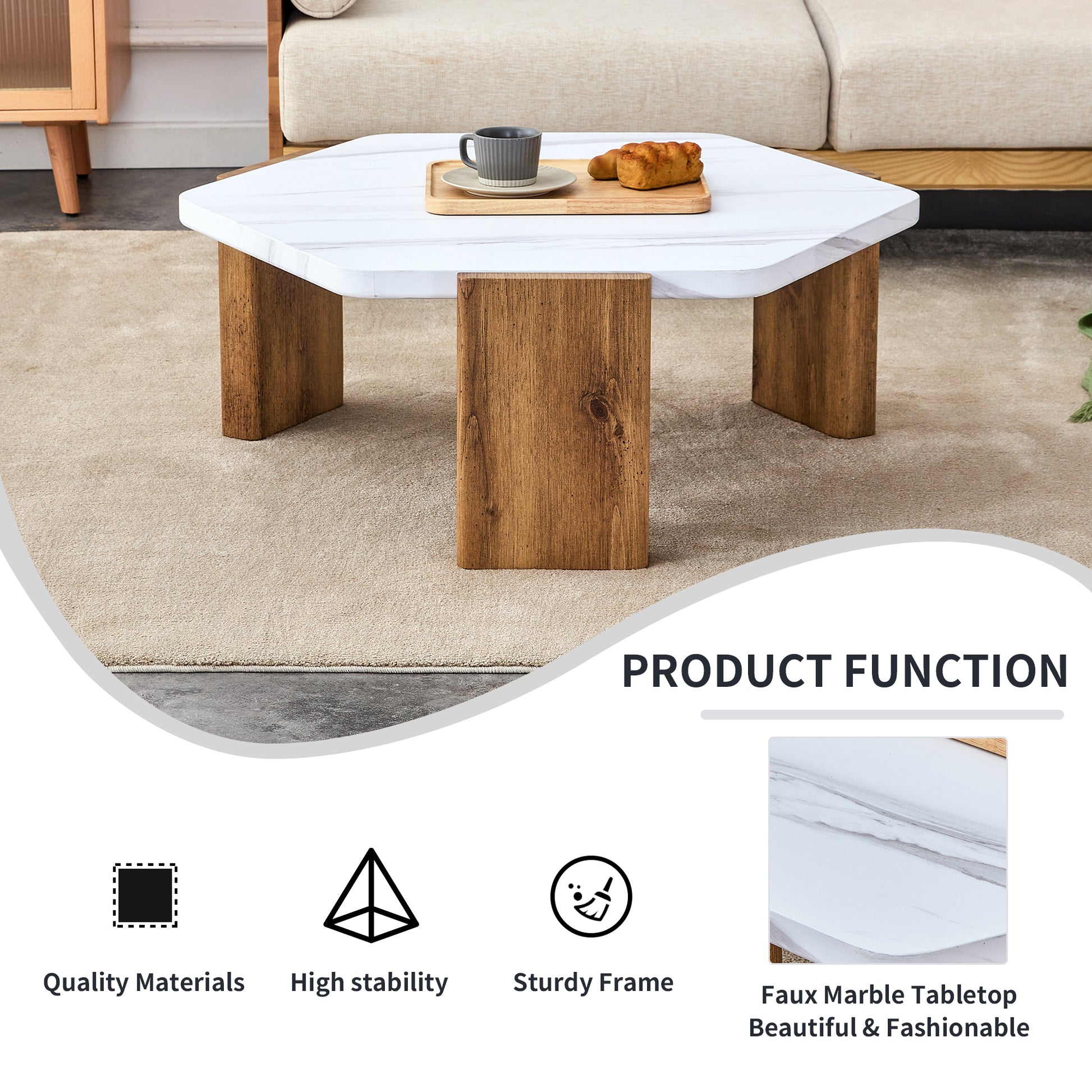 Modern Practical Mdf Coffee Table With White Tabletop And Wooden Toned Legs. Suitable For Living Rooms And Guest Rooms. White Mdf