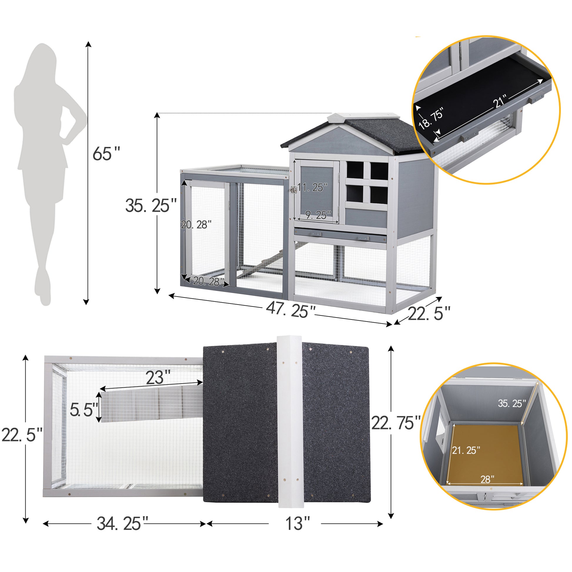 Indoor Outdoor Rabbit Hutch, Bunny Cage With Run, Pull Out Tray, Guinea Pig House For Small Animals, Gray Gray Metal & Wood