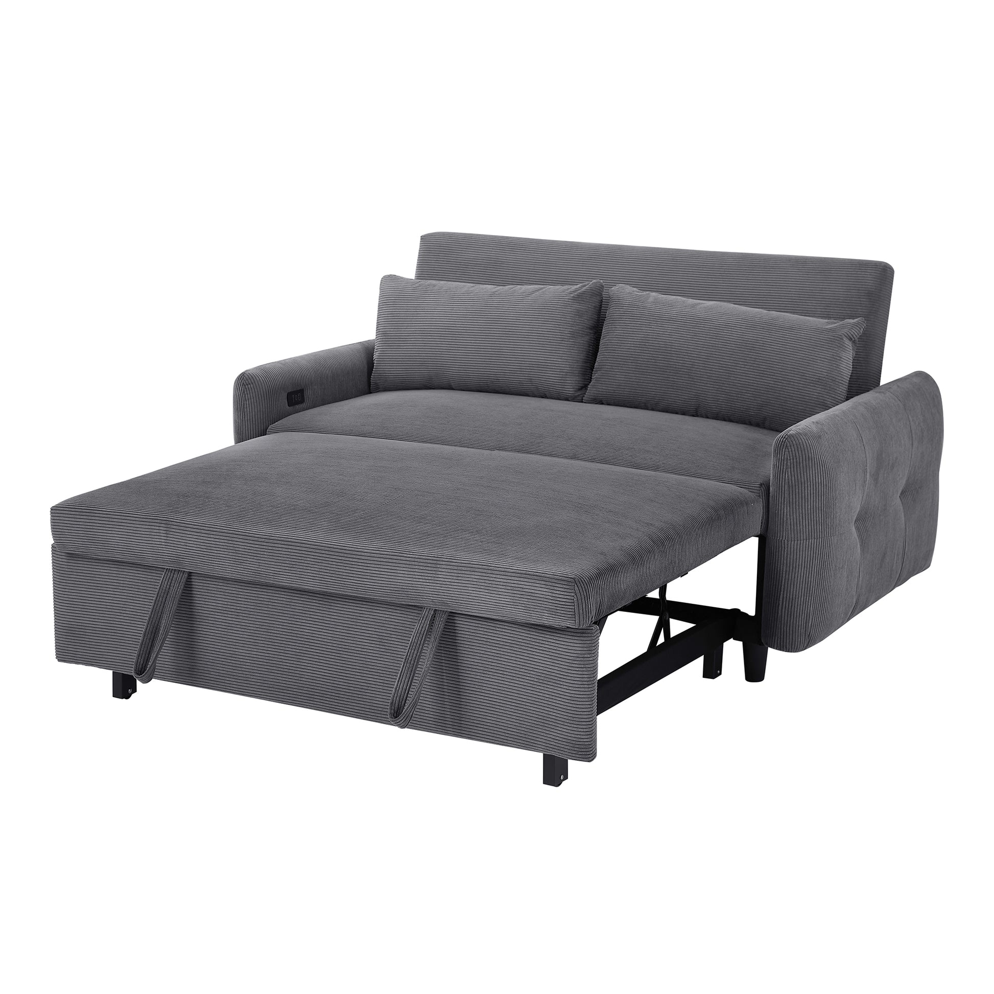 57.48" Pull Out Sofa Bed Convertible Couch 2 Seat Loveseat Sofa Modern Sleeper Sofa With Two Throw Pillows And Usb Ports For Living Room, Dark Grey Dark Grey Foam Corduroy