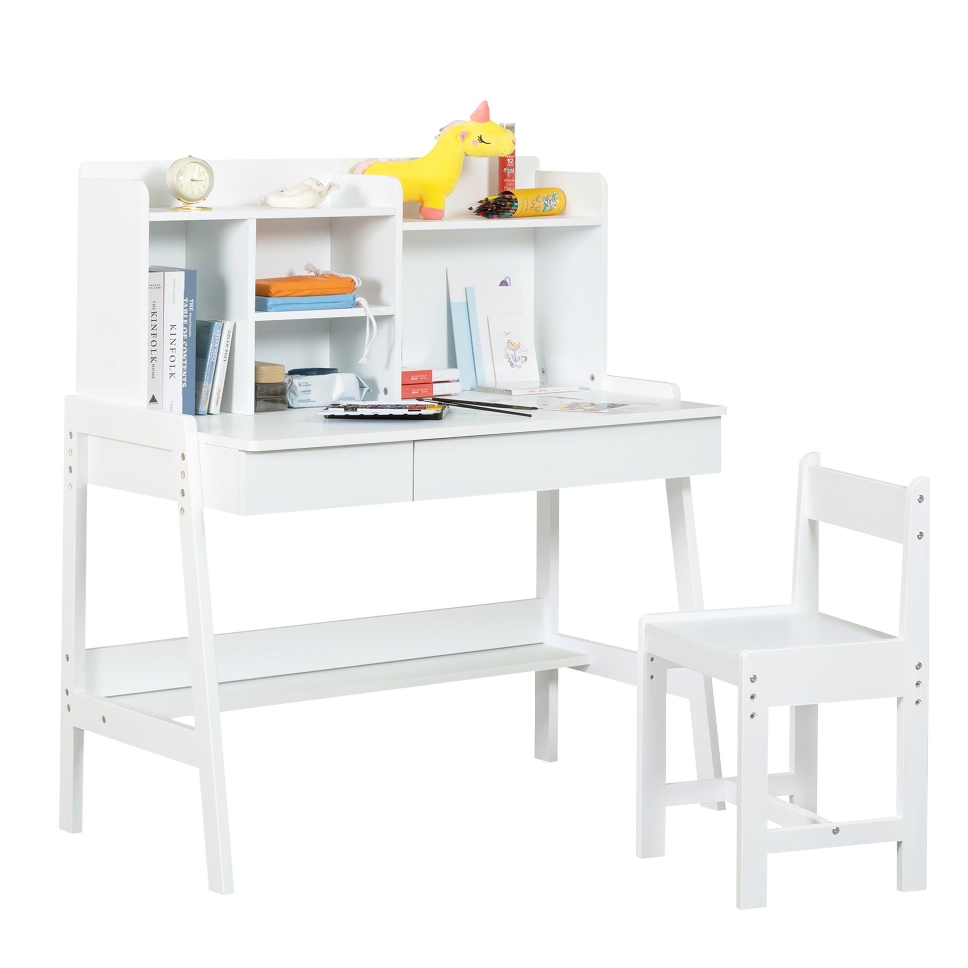 Modern Classic Desk, Children'S Desk, Solid Wood Desk, Bedroom Boy And Girl Family Desk And Chair Set, Compact, Multi Space Available, Multi Color Optional, Multi Storage Space, Color:White White Light Brown Desk And Chair Set Study Classic Pine