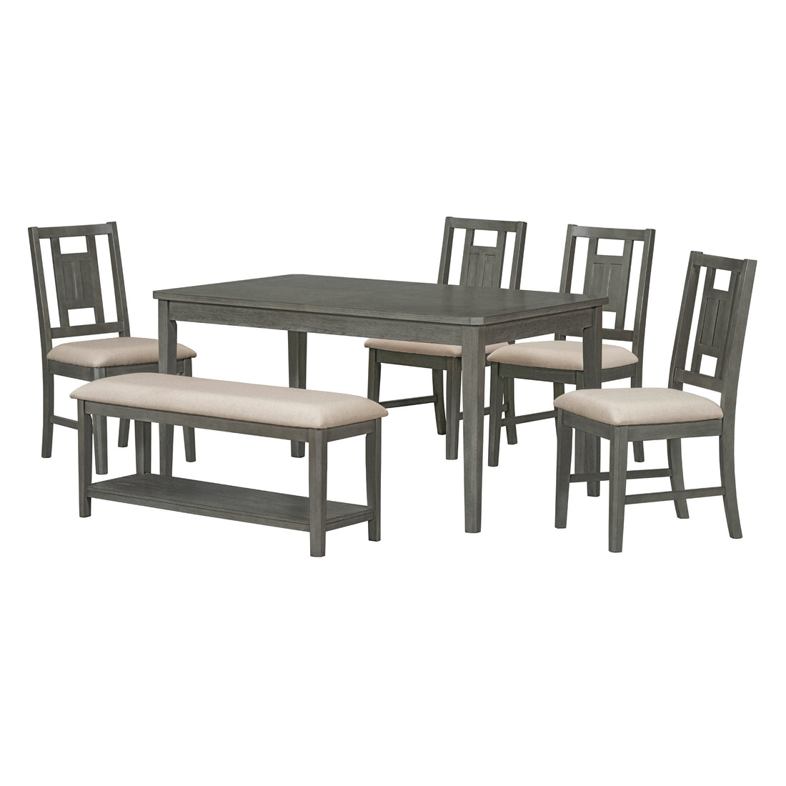 6 Piece Retro Dining Set, Minimalist Dining Table And 4 Upholstered Chairs & 1 Bench With A Shelf For Dining Room Dark Gray Dark Gray Mdf