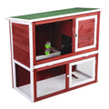 Wood Rabbit Hutch, Pet Playpen With 2 Stories, Ramp, Doors, Pull Out Tray, Water Bottle, Outdoor Enclosure For Small Animals Bunnies, Red And White Red Wood