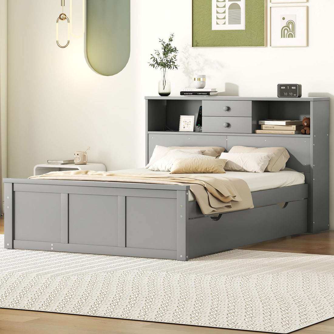 Full Size Wood Pltaform Bed With Win Size Trundle, 3 Drawers, Upper Shelves And A Set Of Usb Ports & Sockets, Gray Gray Solid Wood Mdf