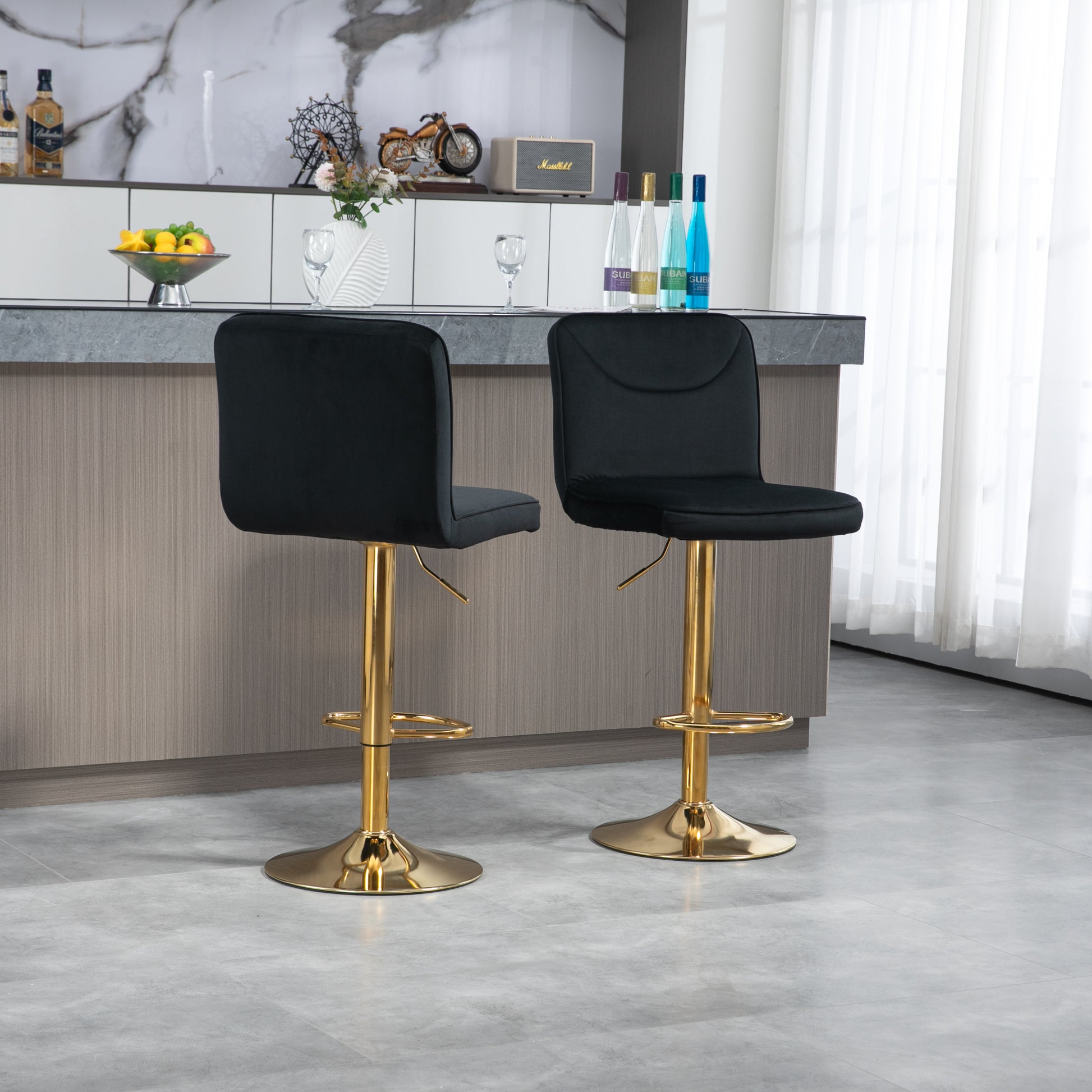 Coolmore Bar Stools With Back And Footrest Counter Height Dining Chairs 2Pc Set,360 Velvet Swivel Bar Stools Set Of 2, Adjustable Counter Height Bar Chairs Black Velvet Black Primary Living Space Foam Velvet