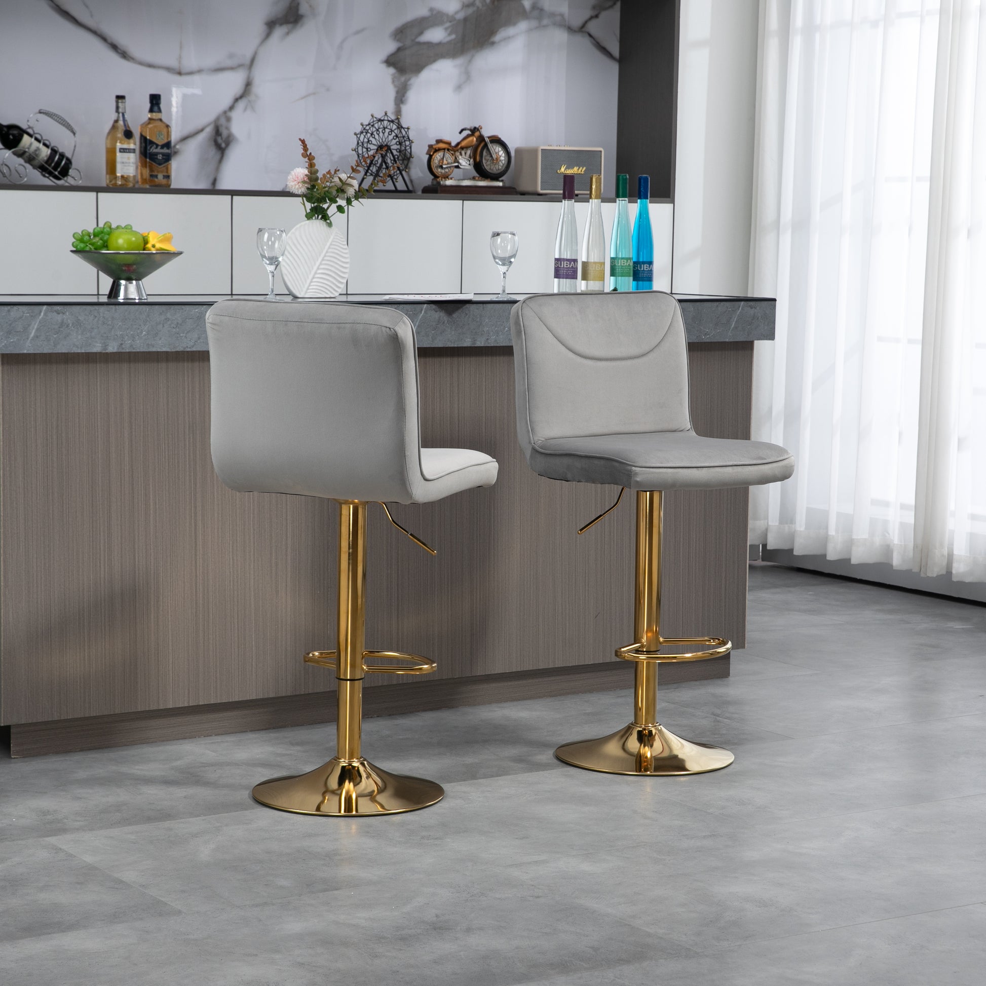 Coolmore Bar Stools With Back And Footrest Counter Height Dining Chairs 2Pc Set,360 Velvet Swivel Bar Stools Set Of 2, Adjustable Counter Height Bar Chairs Gray Velvet Gray Primary Living Space Foam Velvet